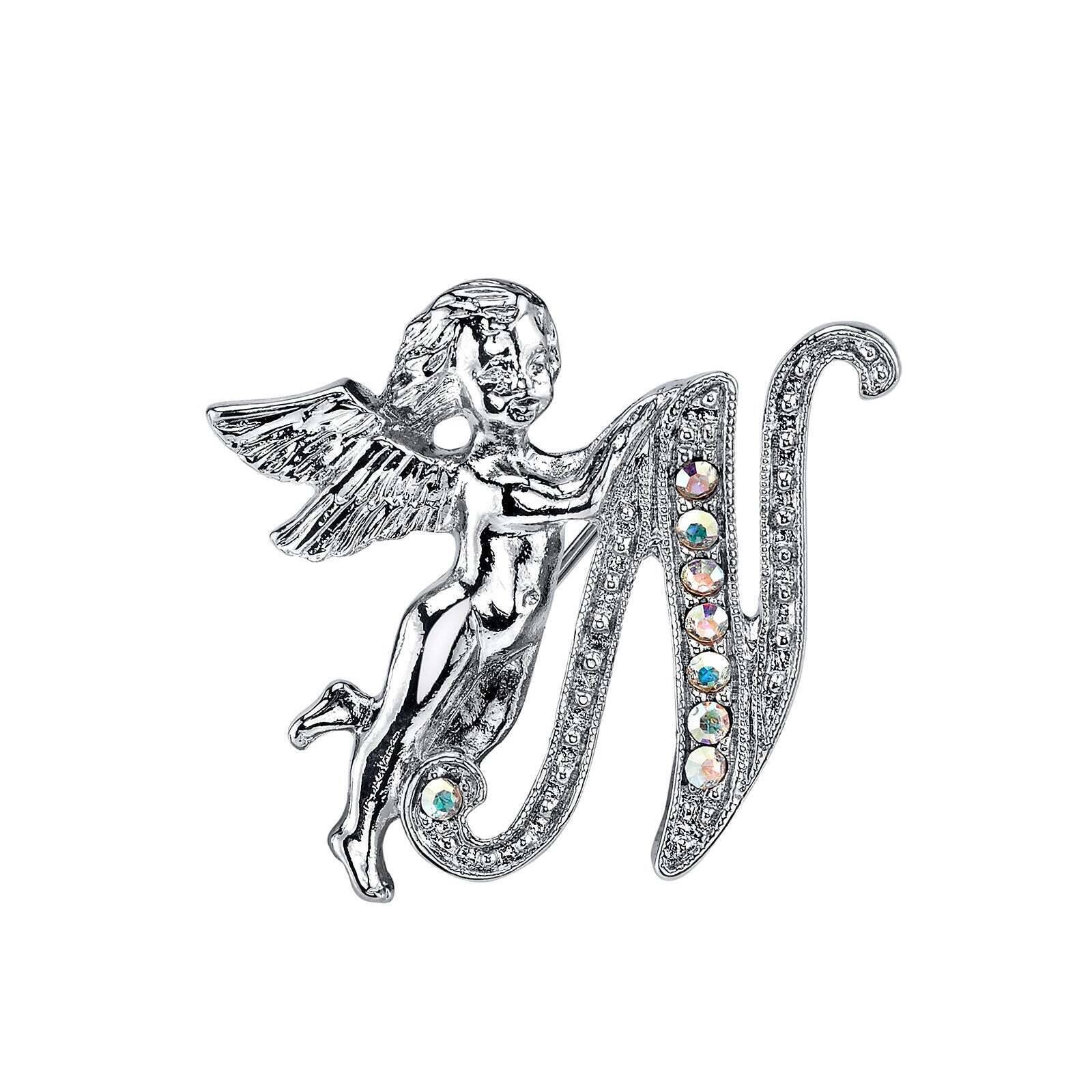1928 Jewelry Aurore Boreale Crystal Angel Initial Pin - Elegant Personalized Initial Brooch for Women, Gift for Her, Perfect for Weddings, Anniversaries & Special Occasions