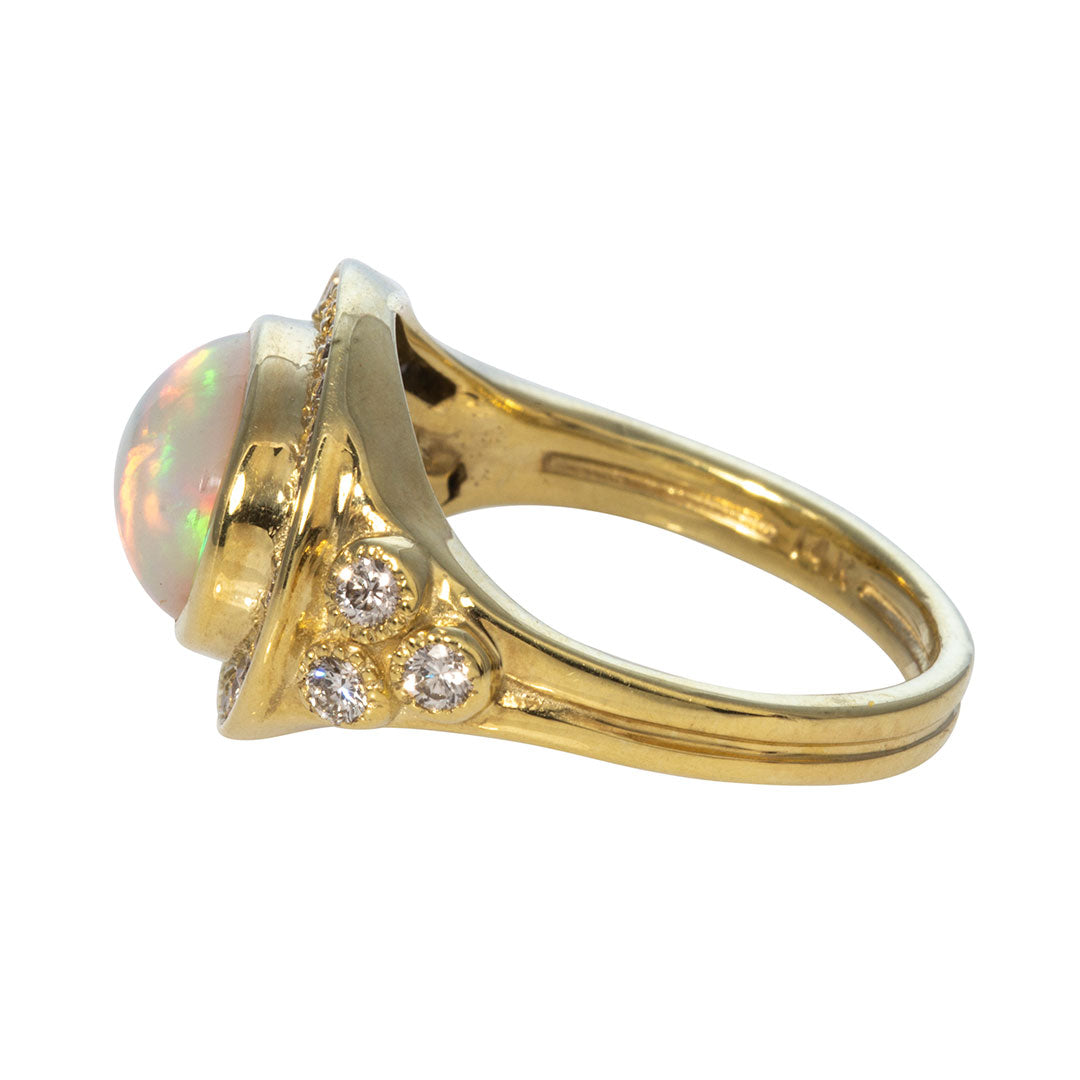 14K Yellow Gold Oval Cabochon Opal & Diamond Ring for Women - Elegant Jewelry Gift for Engagement, Anniversary & Special Occasions