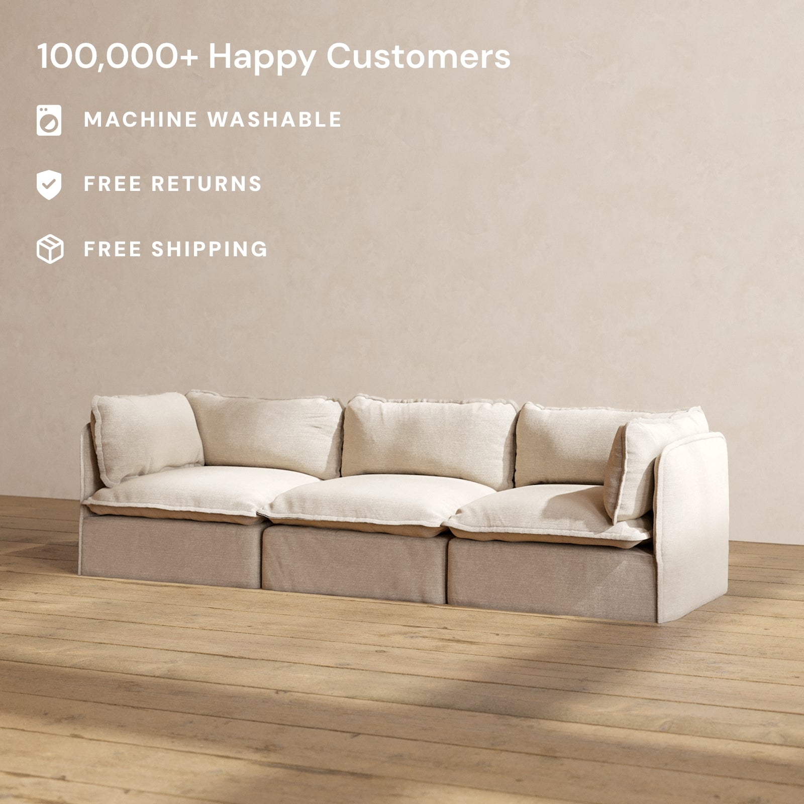Modular Performance 3-Seater Sofa in Oat Color | Relaxed Blend Fabric | Perfect for Living Room, Lounge & Family Room Comfort