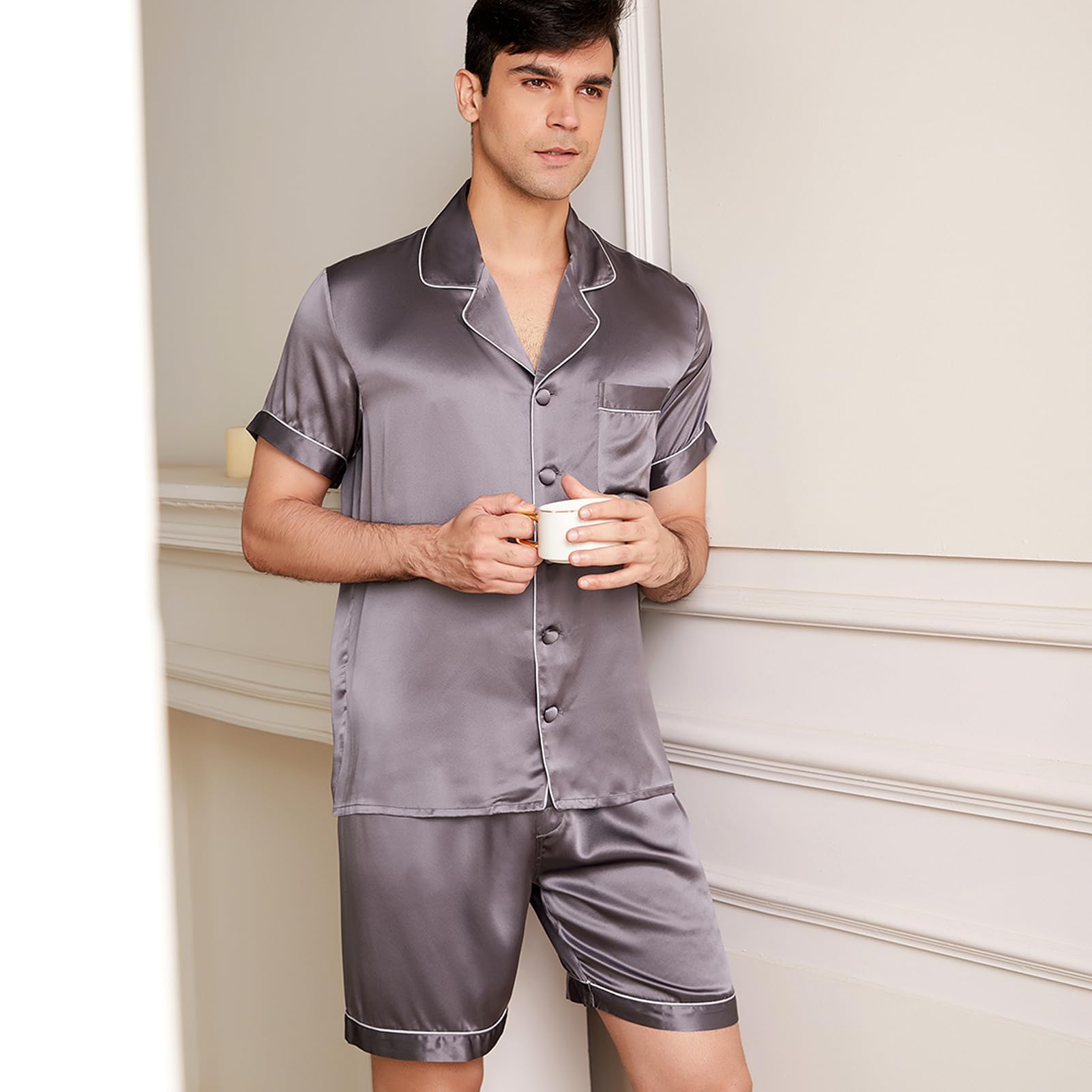 THXSILK Men's Pure Mulberry Silk Pajama Set - Short Sleeve Shirt & Shorts for Comfortable Sleepwear | Perfect for Summer Nights, Lounging & Gift Giving