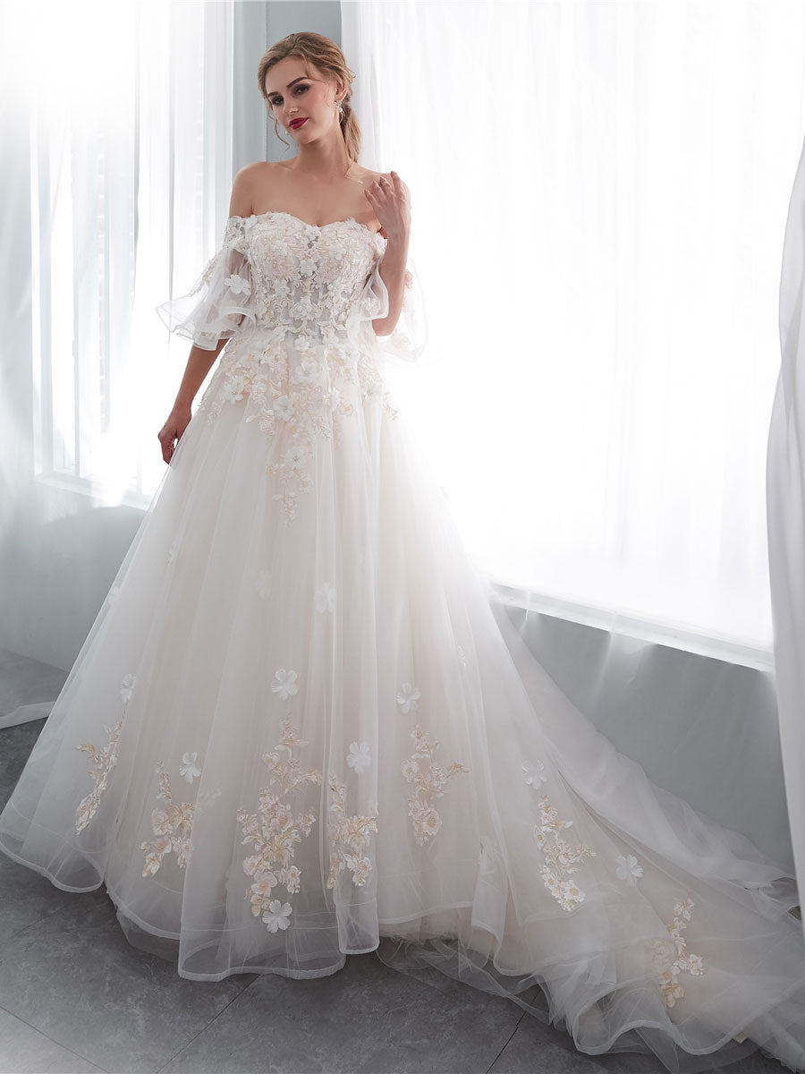 Ivory Long Lace Wedding Dress with Tulle Skirt - Elegant A-Line Bridal Gown for Church Ceremony & Beach Wedding