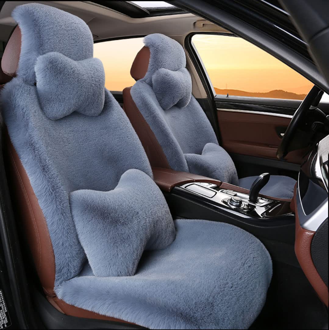 Premium Universal Faux Rabbit Fur Car Seat Covers - 2PC Set with Pillows (Blue) | Warm & Soft Seat Cushions for Cars, SUVs & Trucks | Winter Comfort Upgrade for Front Seats | Perfect for Cold Weather Commuting & Road Trips