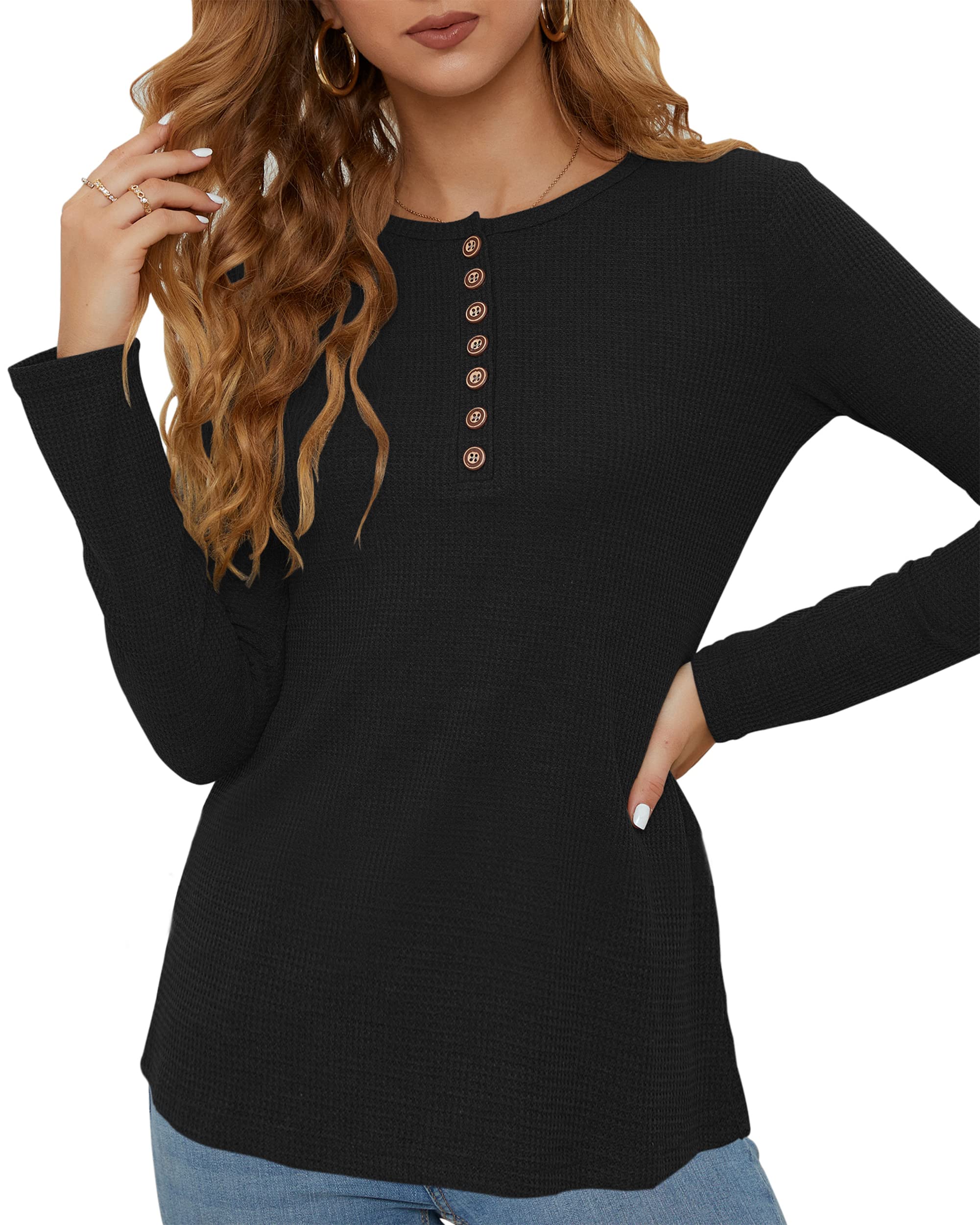 WNEEDU Women's Waffle Knit Long Sleeve Henley Shirt - Slim Fit Button Down V-Neck Casual Blouse for Work, Date & Everyday Wear | Soft & Comfortable Fall Winter Tops