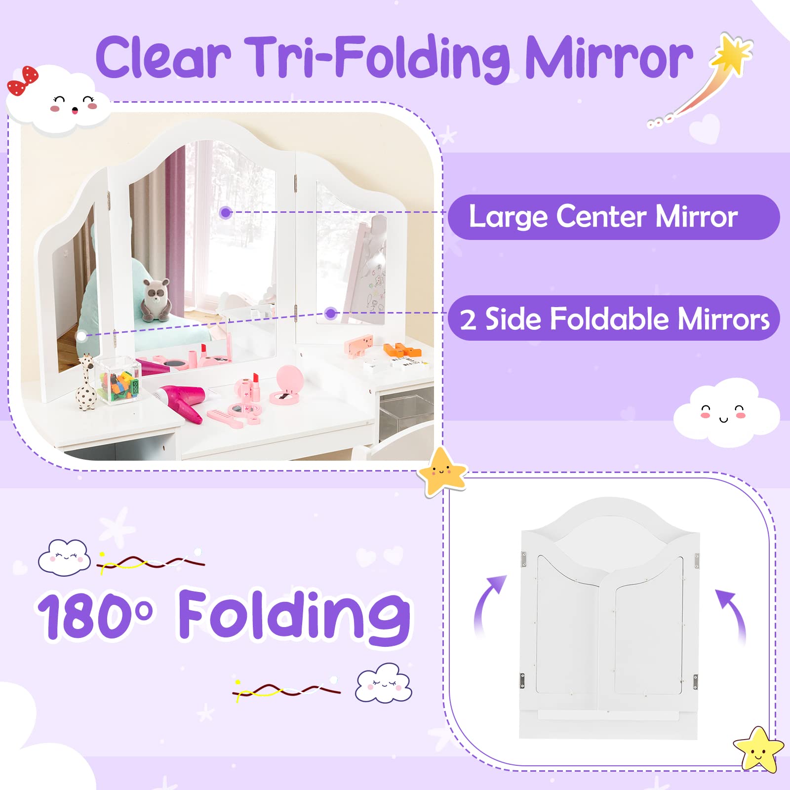 Costzon Kids Vanity Set with Mirror & Storage - White Princess Makeup Desk for Girls Playroom