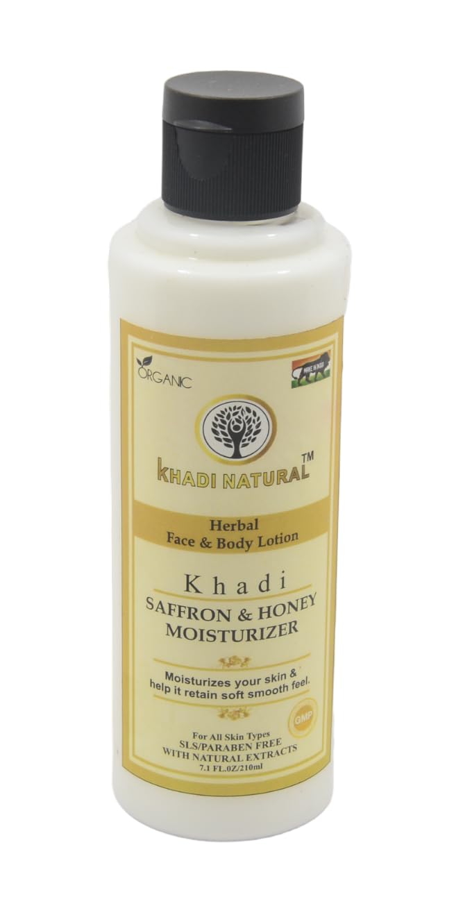 Khadi Natural Herbal Saffron Honey Face & Body Lotion 210ml - Organic Moisturizing Cream for Dry, Sensitive Skin | Hydrating & Brightening Treatment for Glowing Complexion | Perfect for Daily Skincare Routine & Spa Days