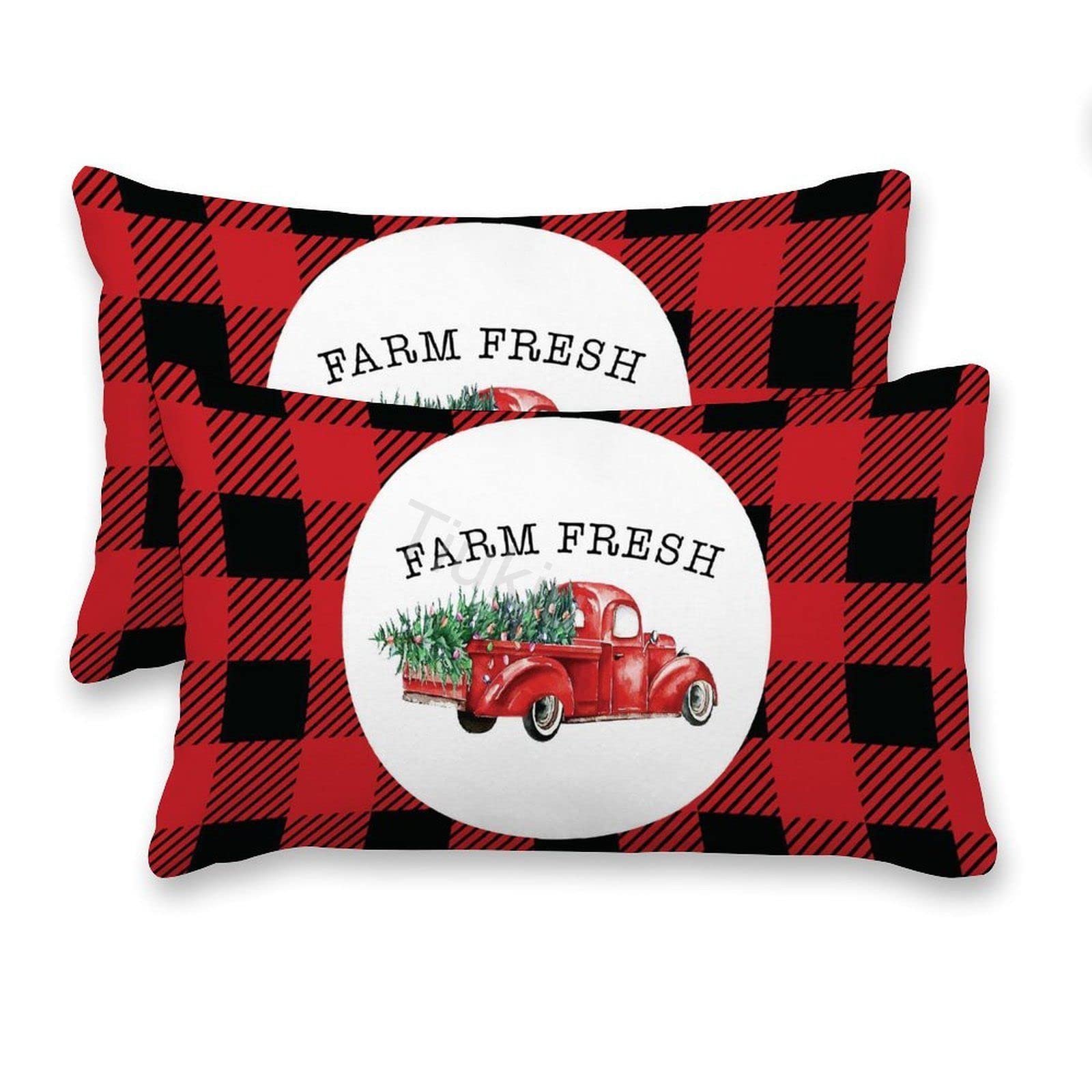 2 Pack Christmas Truck Buffalo Plaid Lumbar Pillow Covers - 16x26 Inch Decorative Canvas Throw Pillow Cases for Couch, Sofa, Bed & Living Room - Perfect for Holiday Home Decor & Seasonal Accents