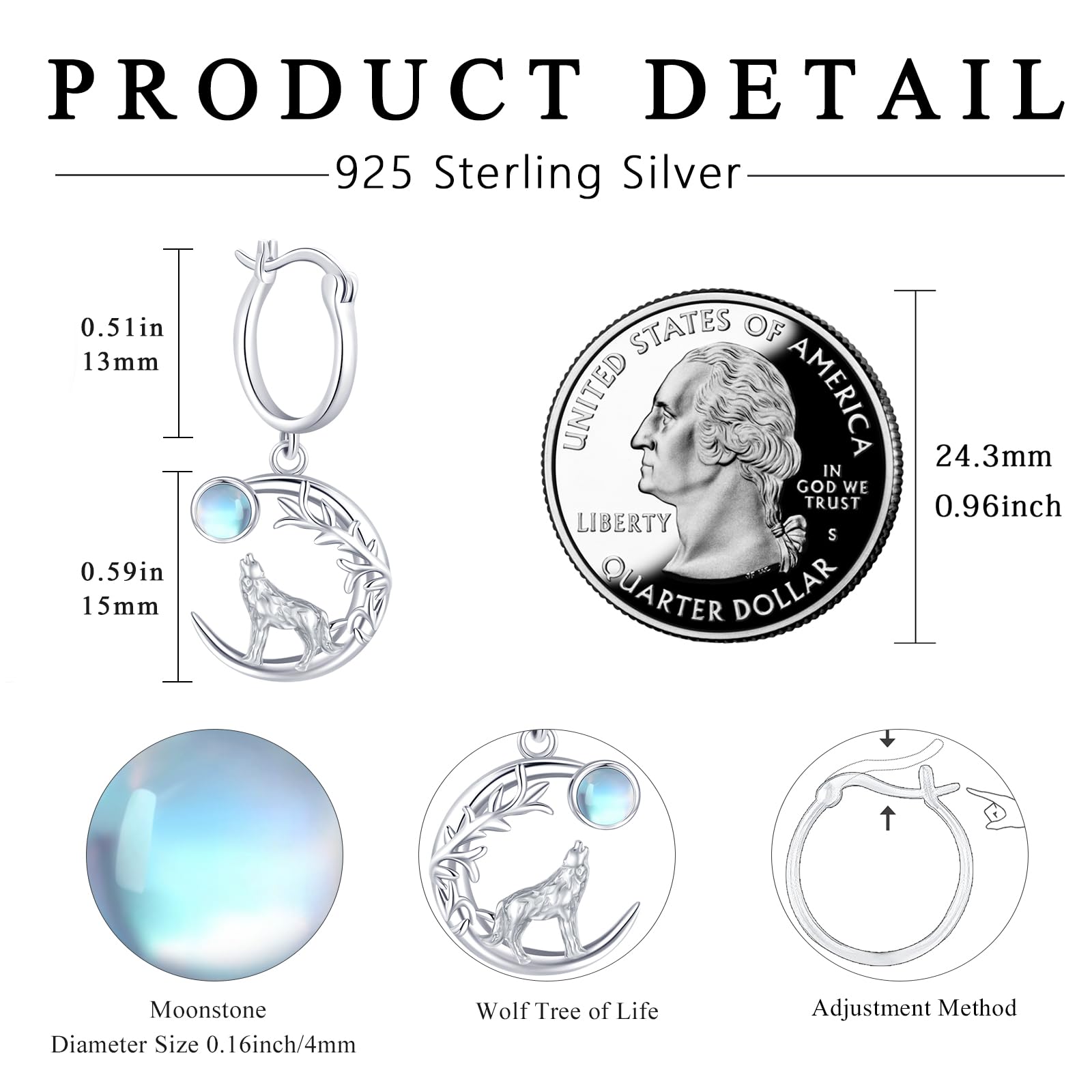 S925 Sterling Silver Moonstone Celtic Wolf Dangle Earrings for Women - Howling Wolf Jewelry with Crescent Moon Design, Perfect for Halloween, Cosplay, and Boho Fashion