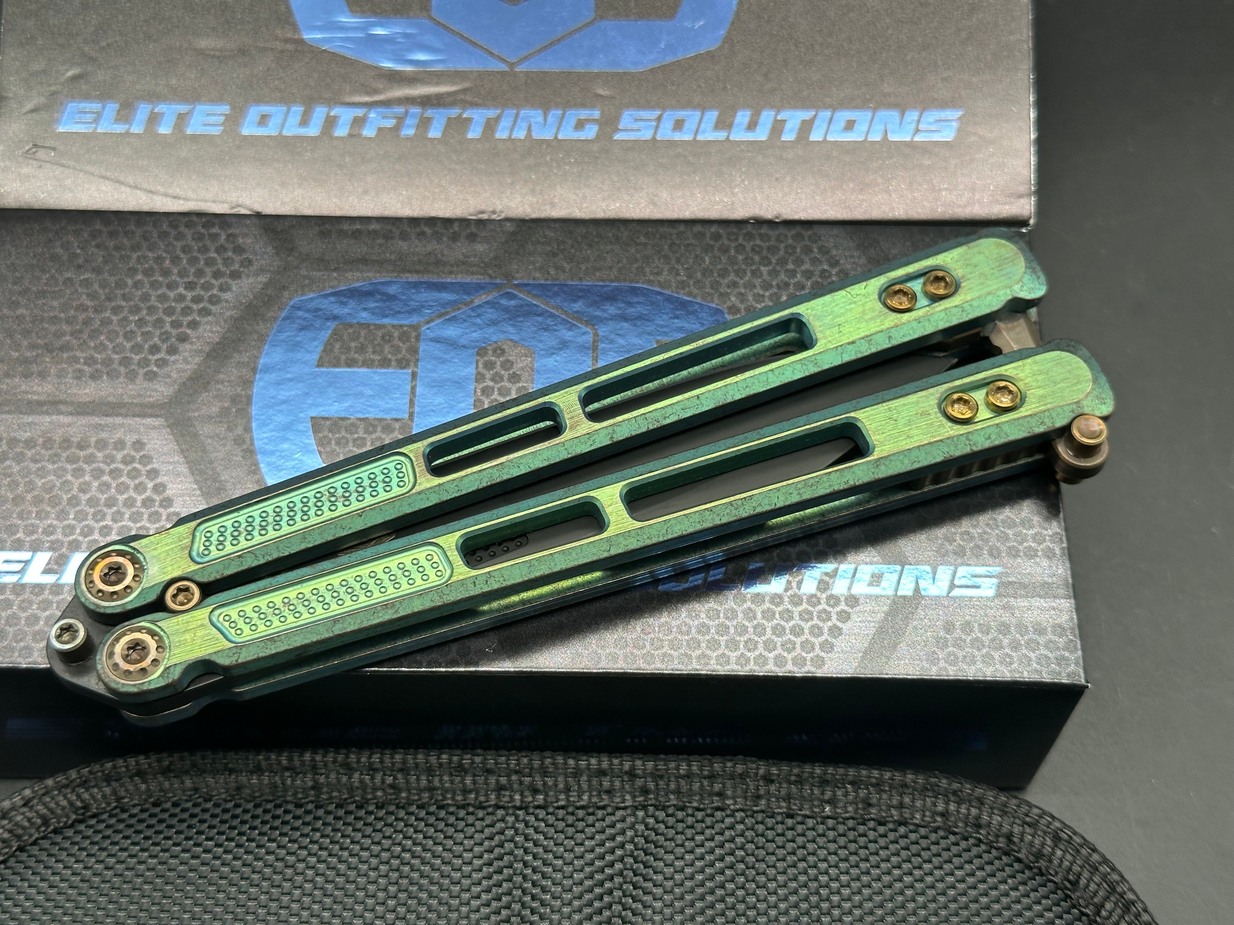 EOS Trident Balisong Butterfly Knife - Antique Green Bronze Titanium Handles with Gold Latch & Hardware | Collectible EDC Tool for Flipping Tricks & Outdoor Survival