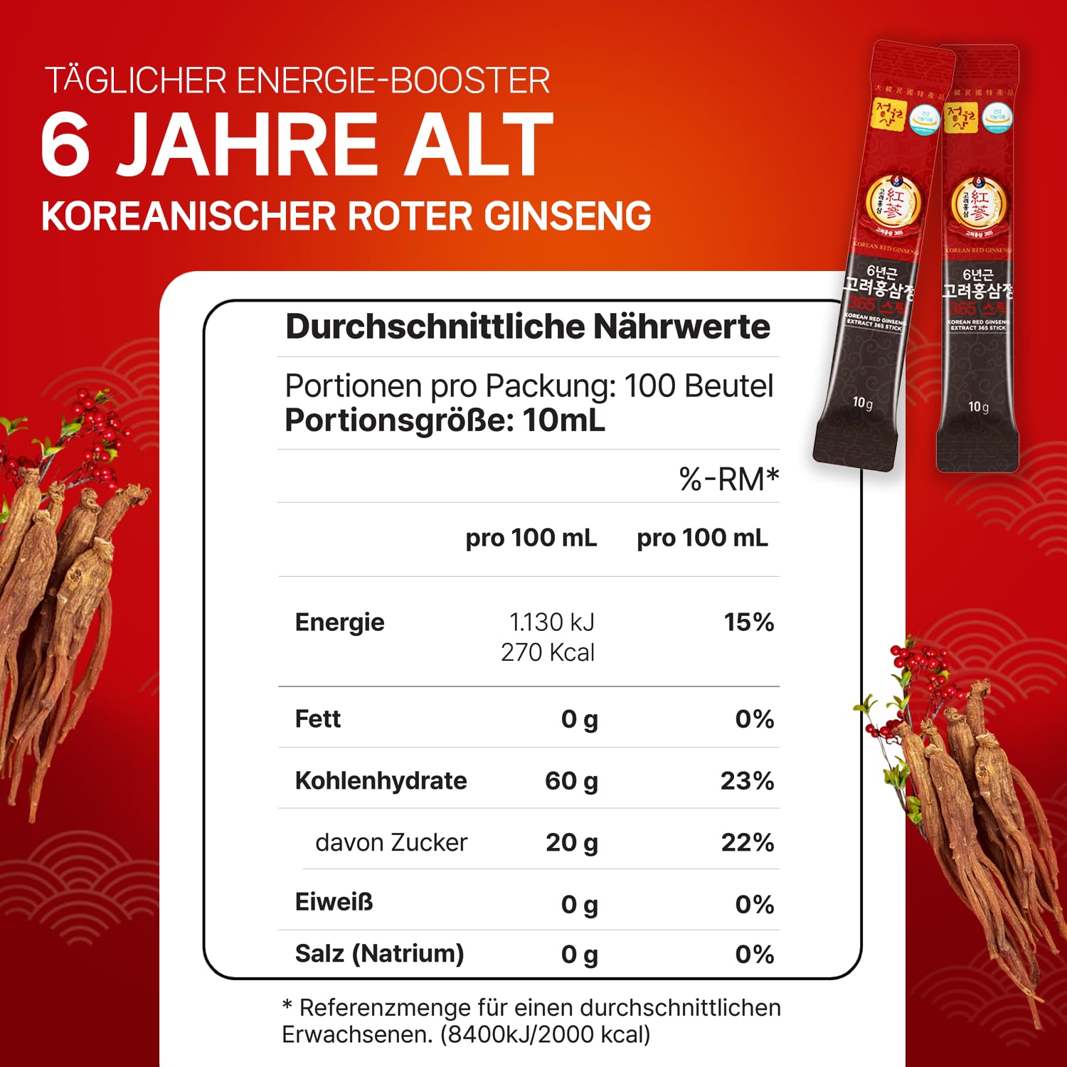 Premium Korean Red Ginseng Extract (6-Year) - 100 Sticks | 7mg Ginsenosides per Stick | Vegan Energy & Immunity Booster | Supports Focus, Fatigue Relief & Daily Vitality for Men & Women | 100-Day Supply | Perfect for Busy Professionals, Students & Active Lifestyles