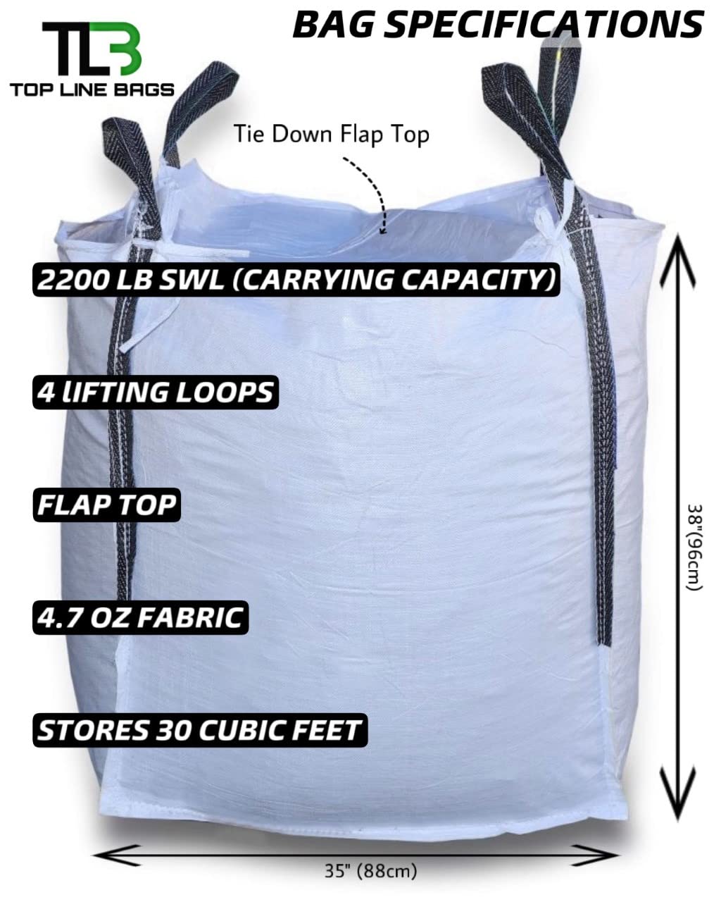 50 Bulk Bags 35x35x38 Inches - 2200lbs Capacity Heavy Duty Polypropylene Bags with 4 Lifting Loops, Flap Top & Flat Bottom - Ideal for Industrial Storage, Construction Materials & Bulk Shipping (Pallet Included)