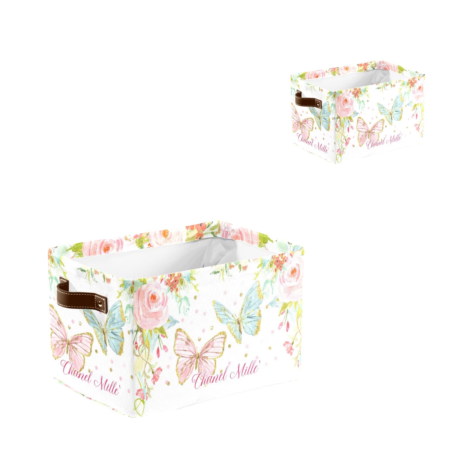 Personalized Floral Butterfly Pink Storage Bins with Handles - Custom Organizer Baskets & Cubes for Home, Nursery, Toys & Clothes (1 Pack) - Perfect for Kids' Room Organization & Nursery Decor