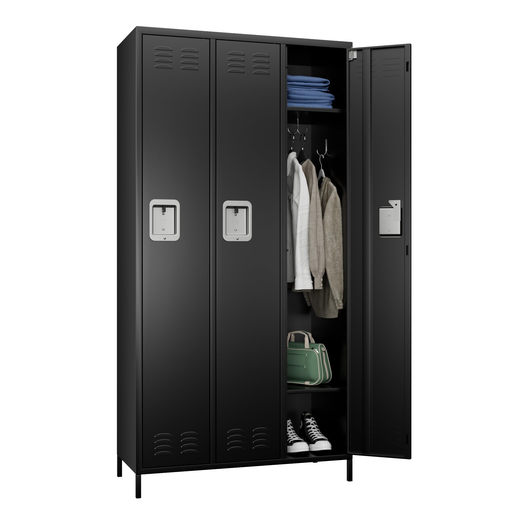 METAN 3-Door Steel Storage Locker Cabinet - Heavy Duty Metal Locker for School, Office, Gym & Bedroom - Industrial Storage Locker with 2 Adjustable Shelves for Employees & Students - Easy Assembly Required (Black) - Perfect for Secure Storage in Workplaces, Schools & Fitness Centers