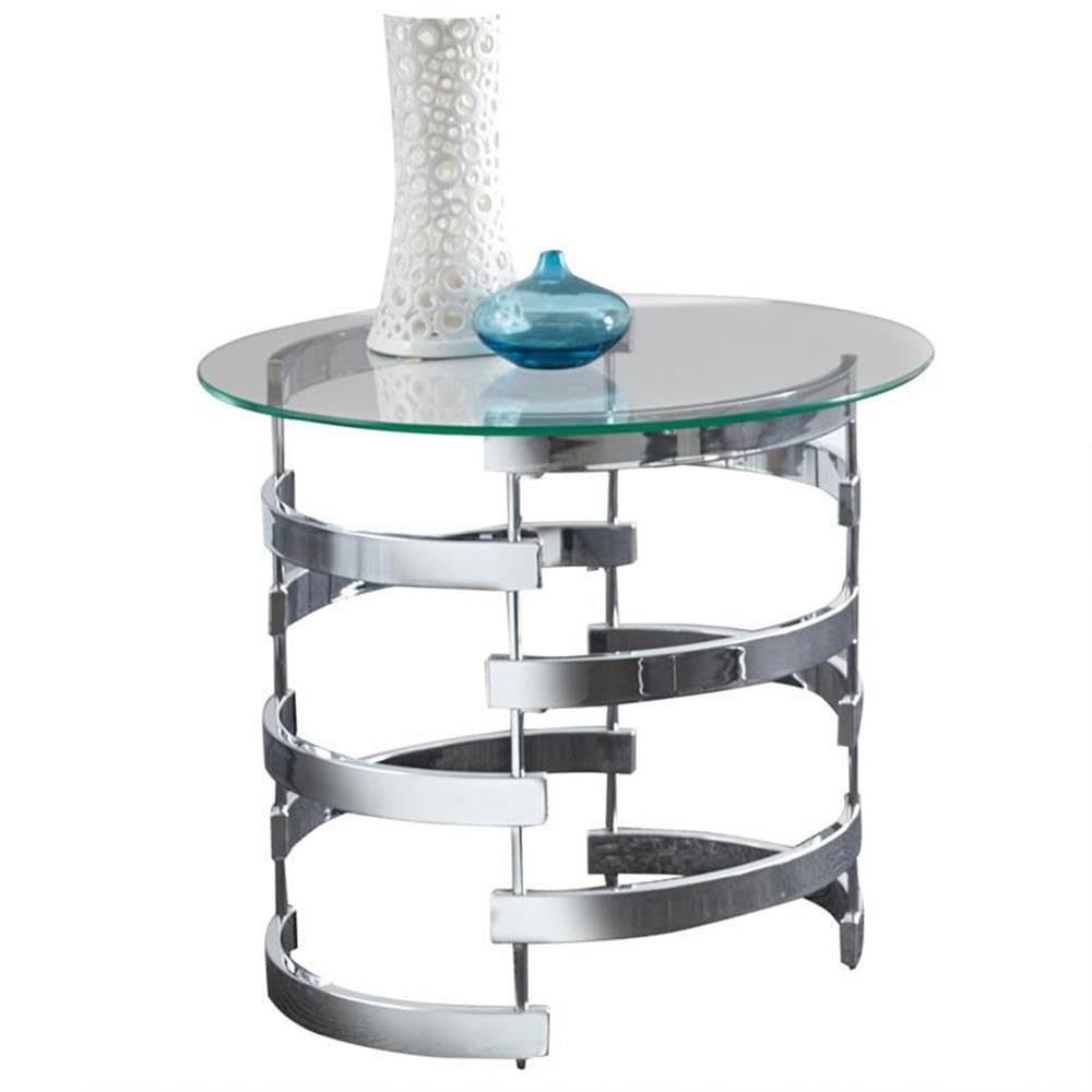 BOWERY HILL Round End Table - Modern Glass Top Coffee Table with Wood Base & Chrome Legs for Living Room, Bedroom or Office Decor