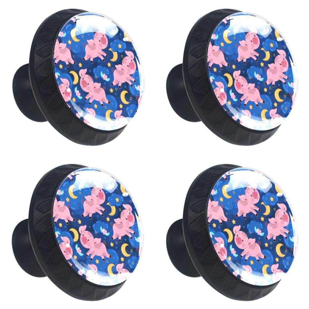 Cute Pig Crystal Drawer Handles - Moon & Stars Glass Knobs for Wardrobe & Kitchen (4-Pack)