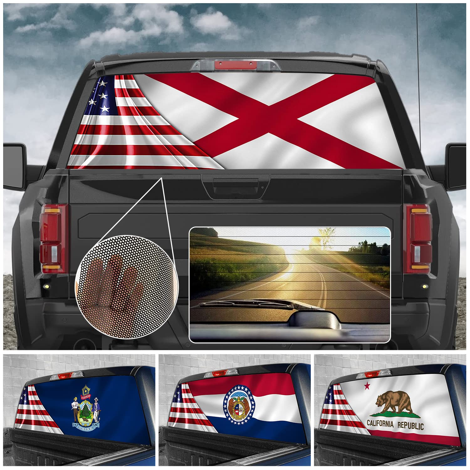Proud Alabama State US Flag Perforated Rear Window Decal for Trucks & SUVs - 58''x18'' See-Through Vinyl Sticker with Holes - Perfect for Pickup Trucks, SUVs, and Off-Road Vehicles - Show Your State Pride on the Road