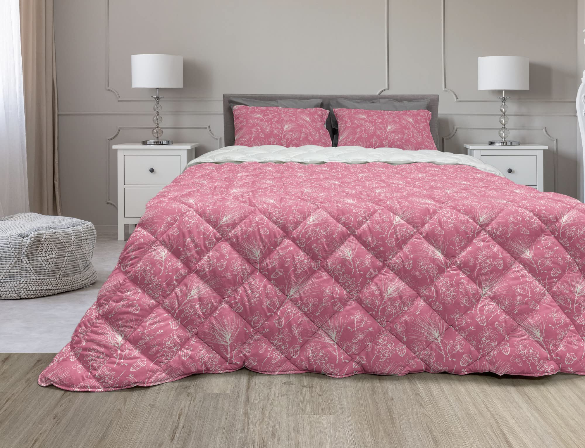 Lunarable Floral Comforter Set with Shams - Modern Romantic Feminine Microfiber Duvet Cover - Full Size Pink & Ivory Spring Flower Design - Soft Bedding for Cozy Bedroom Decor