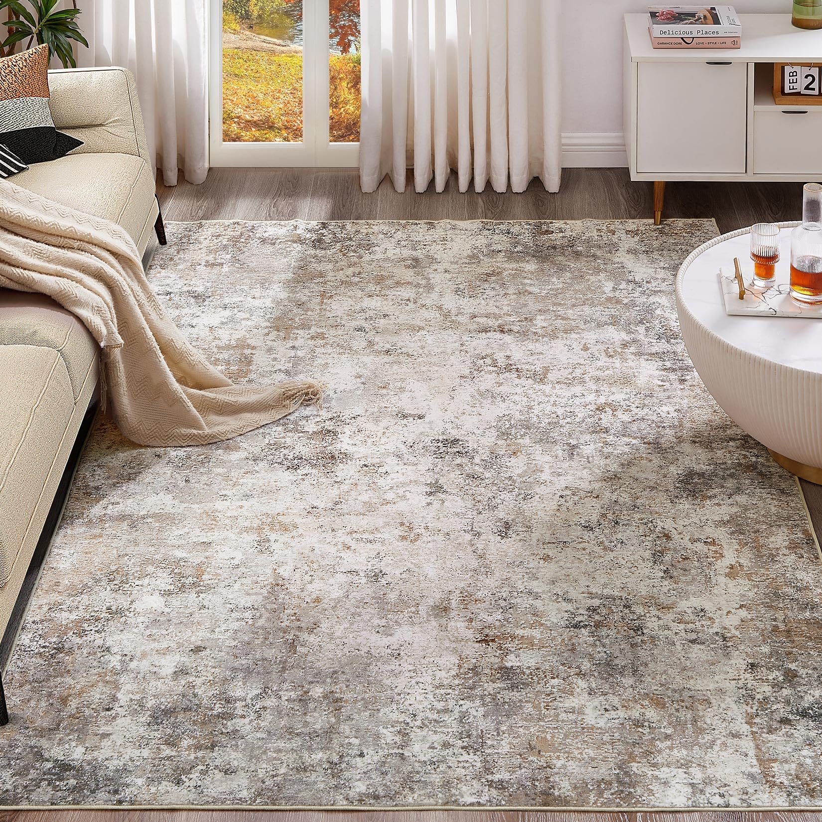 8x10 Washable Modern Abstract Area Rug - Soft Non-Slip Indoor Floor Carpet for Living Room, Bedroom, Dining Table & Home Office - Neutral Brown Grey Home Decor Rug - Perfect for Cozy Spaces, Family Gatherings & Stylish Interior Design