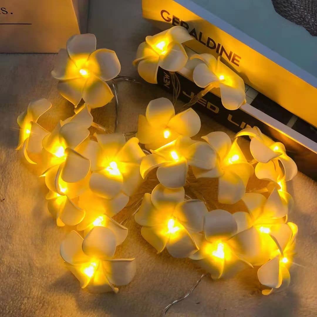 Battery Powered Artificial Plumeria String Lights - 20LED White Frangipani Flower Garland for Wedding, Beach Party, Garden & Patio Decor - Waterproof Fairy Lights for Outdoor & Indoor Use