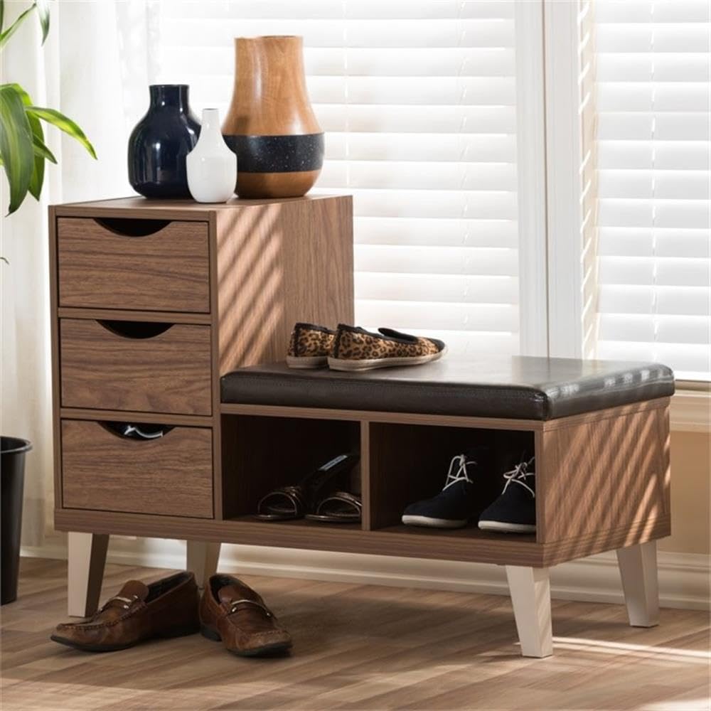 Hawthorne Collections 3-Drawer Shoe Storage Bench - Walnut Wood with Padded Leatherette Seat & 2 Open Shelves | Entryway Organizer for Shoes, Hats & Accessories | Perfect for Bedroom, Closet or Mudroom Storage Solution