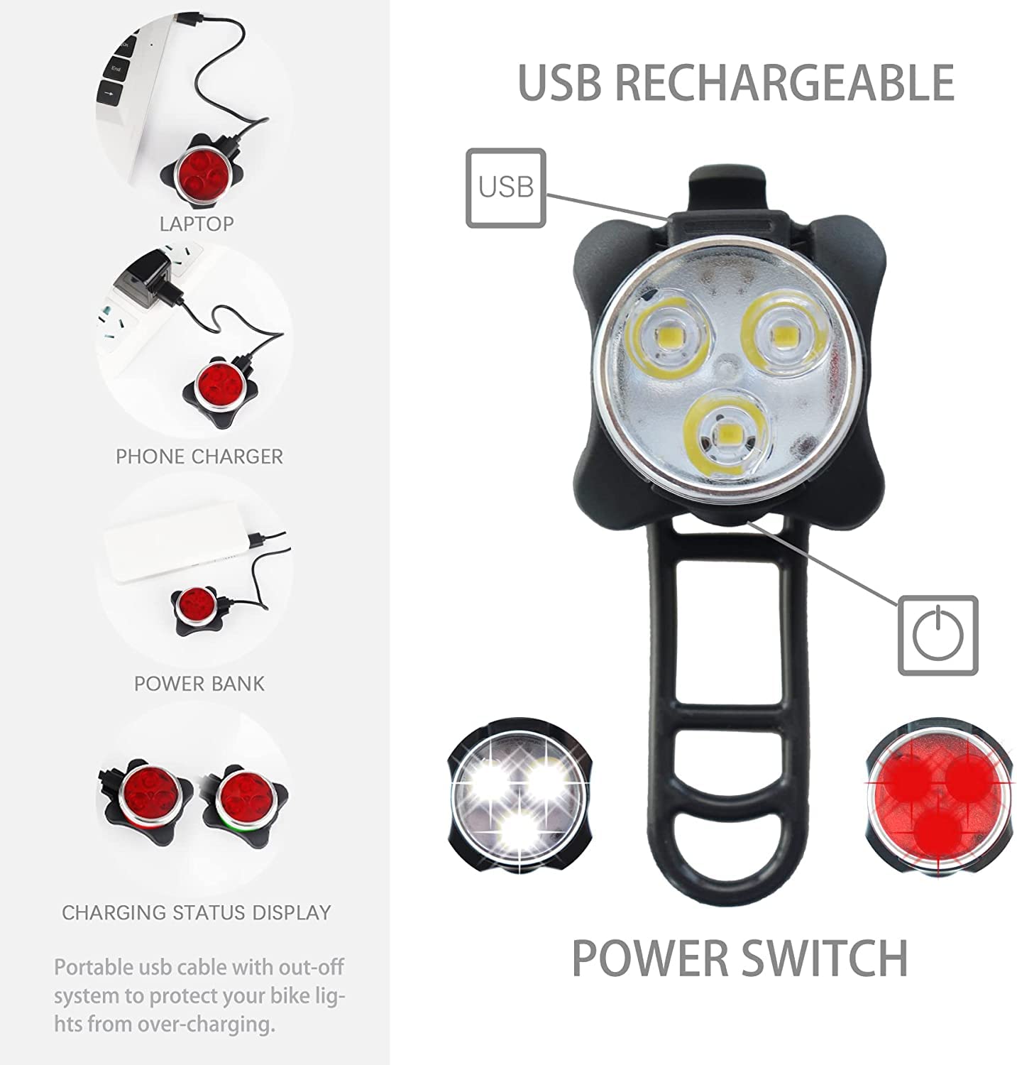 Super Bright Rechargeable LED Bike Light Set - 650mAh Lithium Battery Front Headlight & Rear Safety Light for Night Cycling, Commuting, and Outdoor Adventures