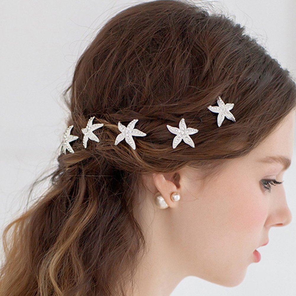 10Pcs Silver Tone Crystal Starfish Hair Pins - Wedding Hair Accessories for Brides, Beach Themed Party & Daily Hair Styling | Perfect for Beach Weddings, Summer Parties and Boho Hairstyles