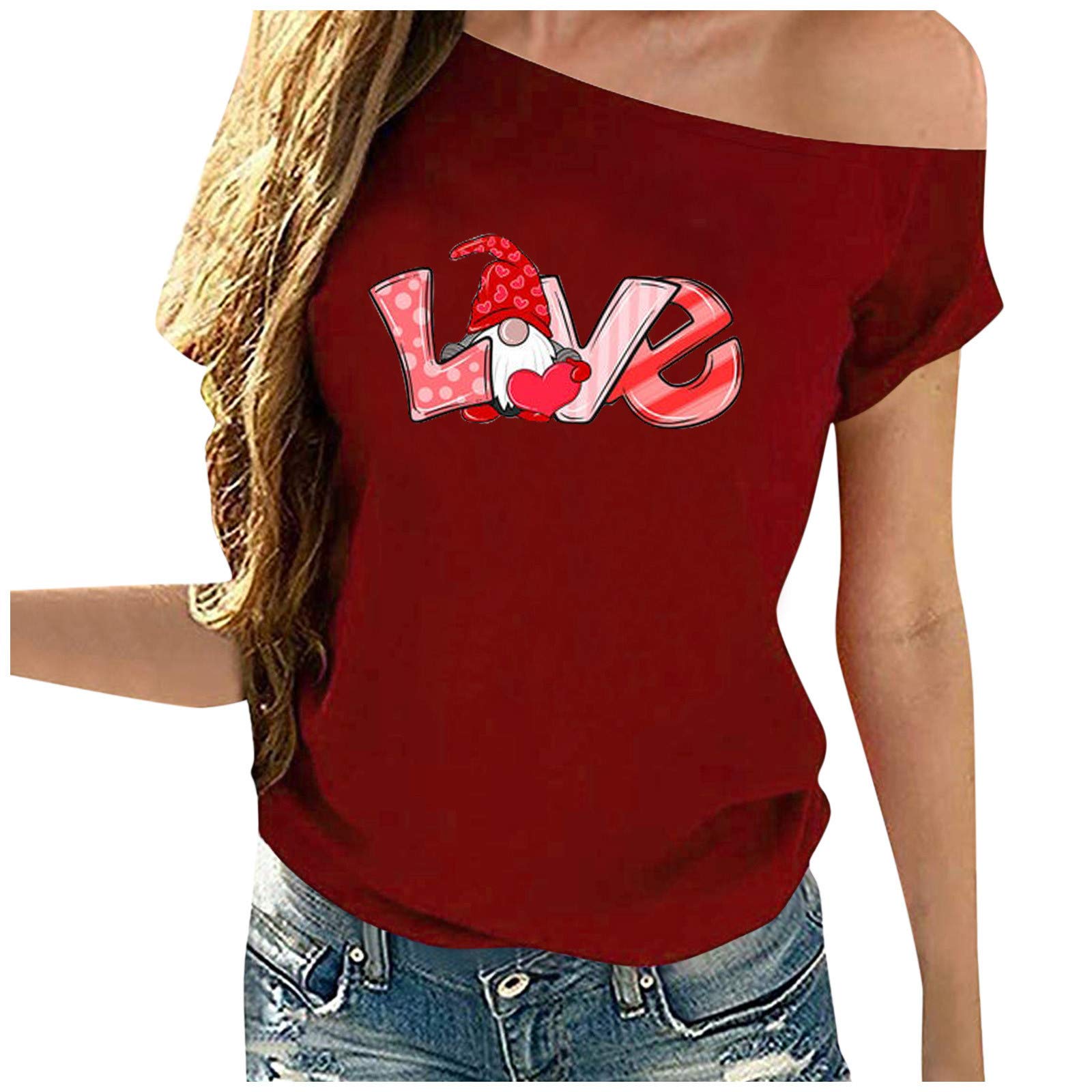 Valentine's Day Women's Long Sleeve Gnome Print Casual Top - Cute Love Theme Shirt for Date Night, Gift Giving & Holiday Parties