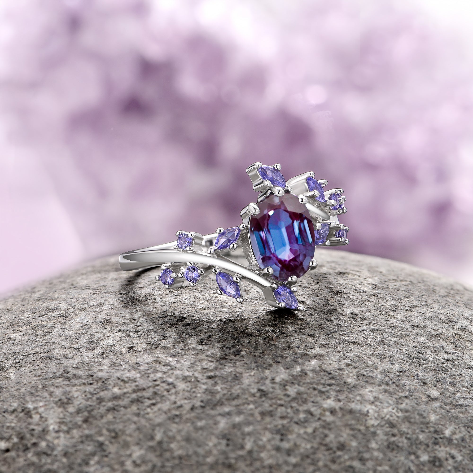 Alexandrite & Cornflower Sapphire Fairy Leaf Ring - Sterling Silver Jewelry for Women - Perfect for Weddings, Parties & Special Occasions