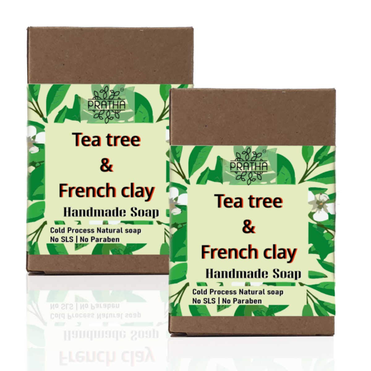 PRATHA Tea Tree & French Clay Handmade Soap Bar - 100% Natural, Cold Process, Vegan, for Acne & Oily Skin - Pack of 2 (100g Each) - Perfect for Daily Face & Body Cleansing, Spa & Self-Care Routine