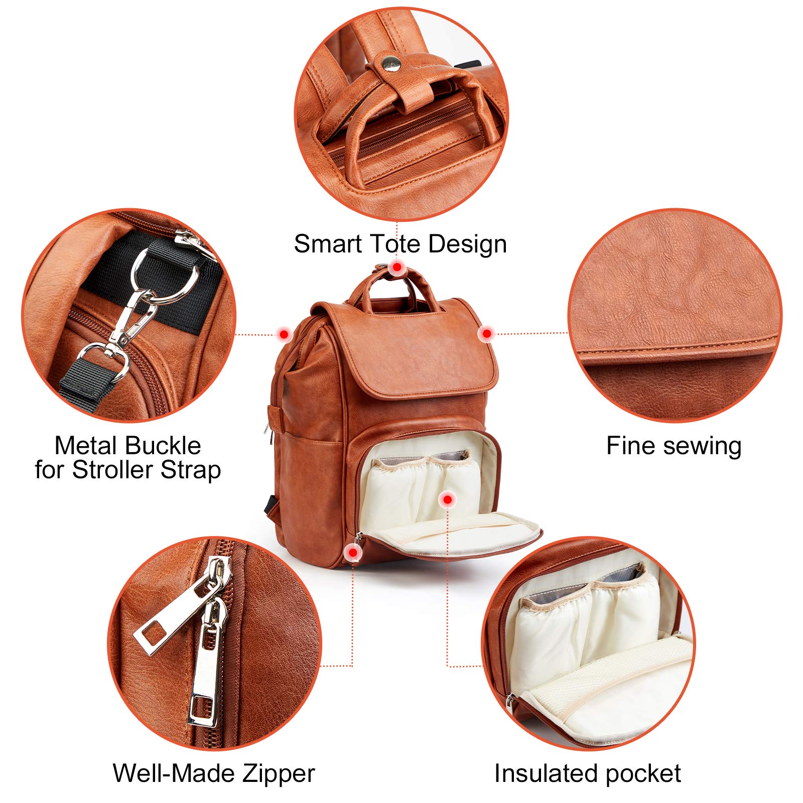 HAHASOLE Leather Diaper Backpack for Women - Waterproof Baby Travel Bag with Multiple Pockets, Stylish & Durable Diaper Bag for Moms - Perfect for Daycare, Travel, and On-the-Go Parenting