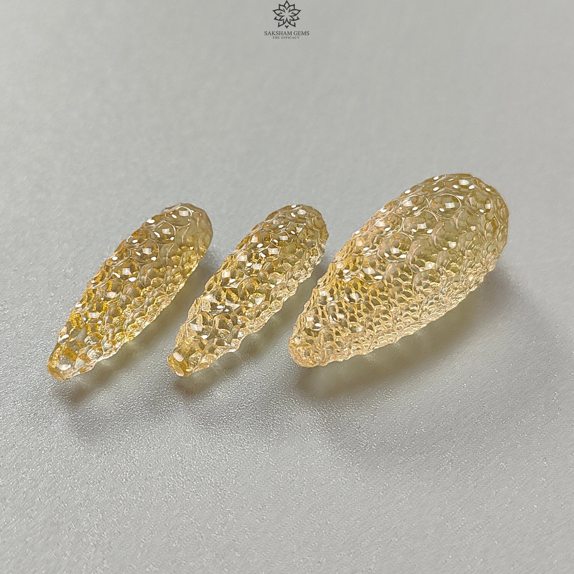 Natural Untreated Yellow Citrine Gemstone Carving - 42.40cts Hand Carved Teardrop Shape 23mm-28mm 3pc Set | November Birthstone Jewelry | Perfect for Necklace Pendants, Earrings & Gift Giving