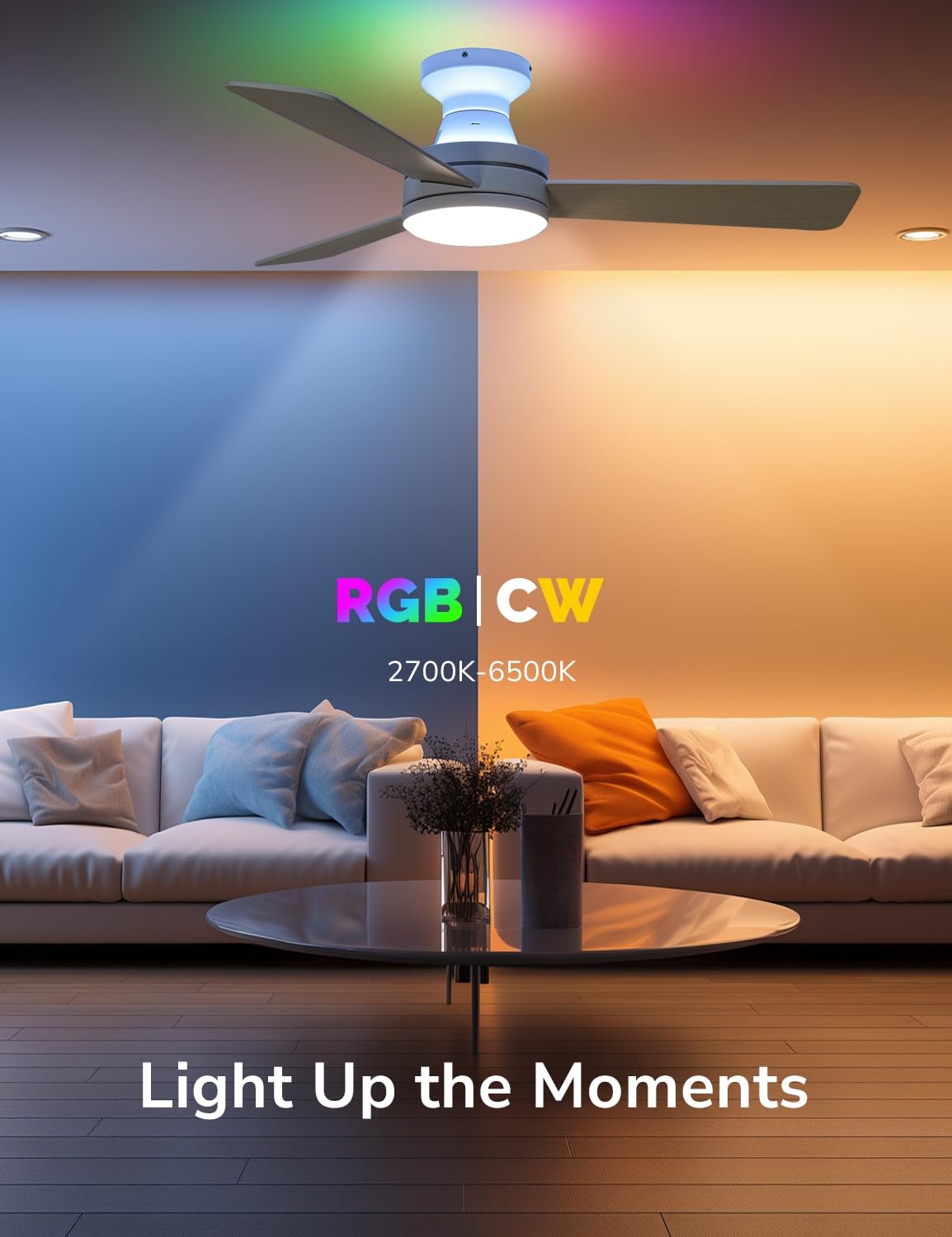 42-Inch Low Profile Flush Mount Ceiling Fan with Lights - RGB Backlight, Dimmable Lighting, 6 Speeds & 3 Reversible Blades - Remote & App Control - White - Perfect for Bedroom, Living Room & Office Spaces