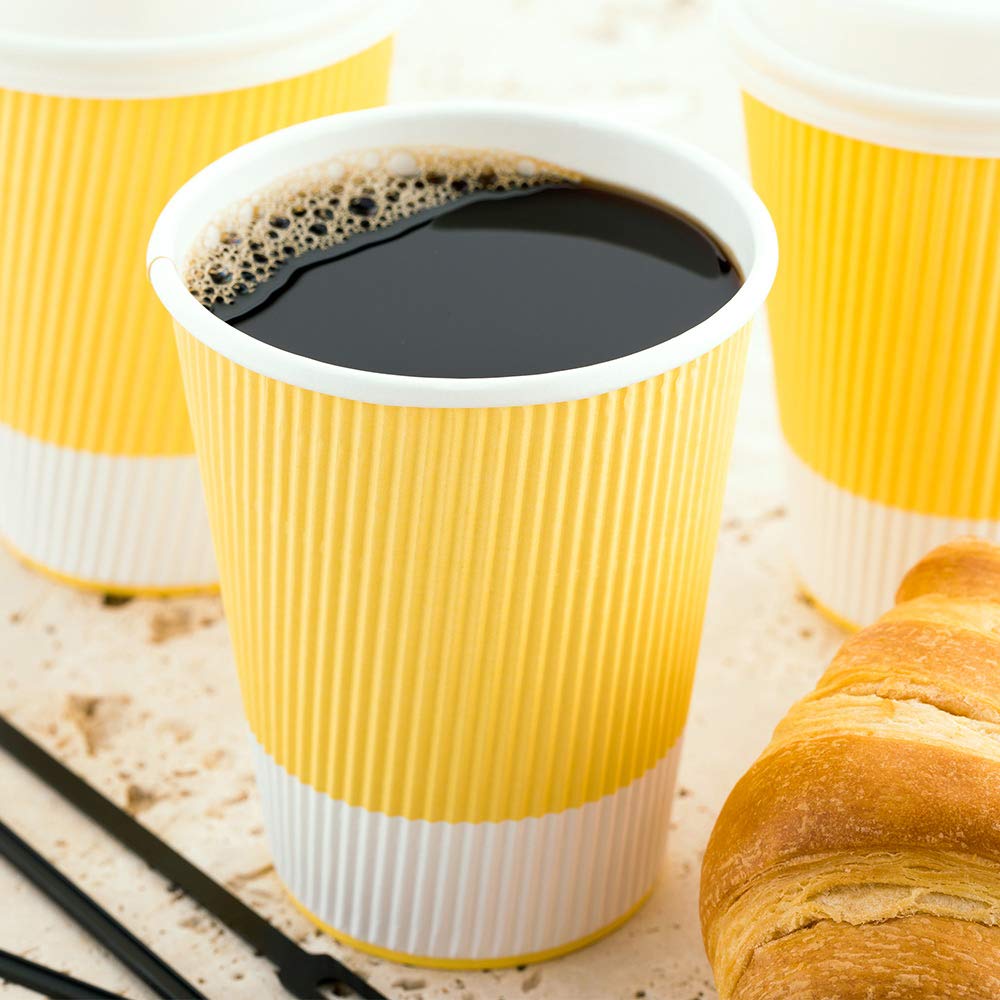 12oz Disposable Paper Coffee Cups - 25 Pack Leakproof Ripple Wall Hot Cups, Eco-Friendly Recyclable Light Yellow Insulated Paper Cups for Coffee, Tea, Hot Beverages - Perfect for Restaurants, Cafes, Offices & Home Use (Lids Sold Separately)