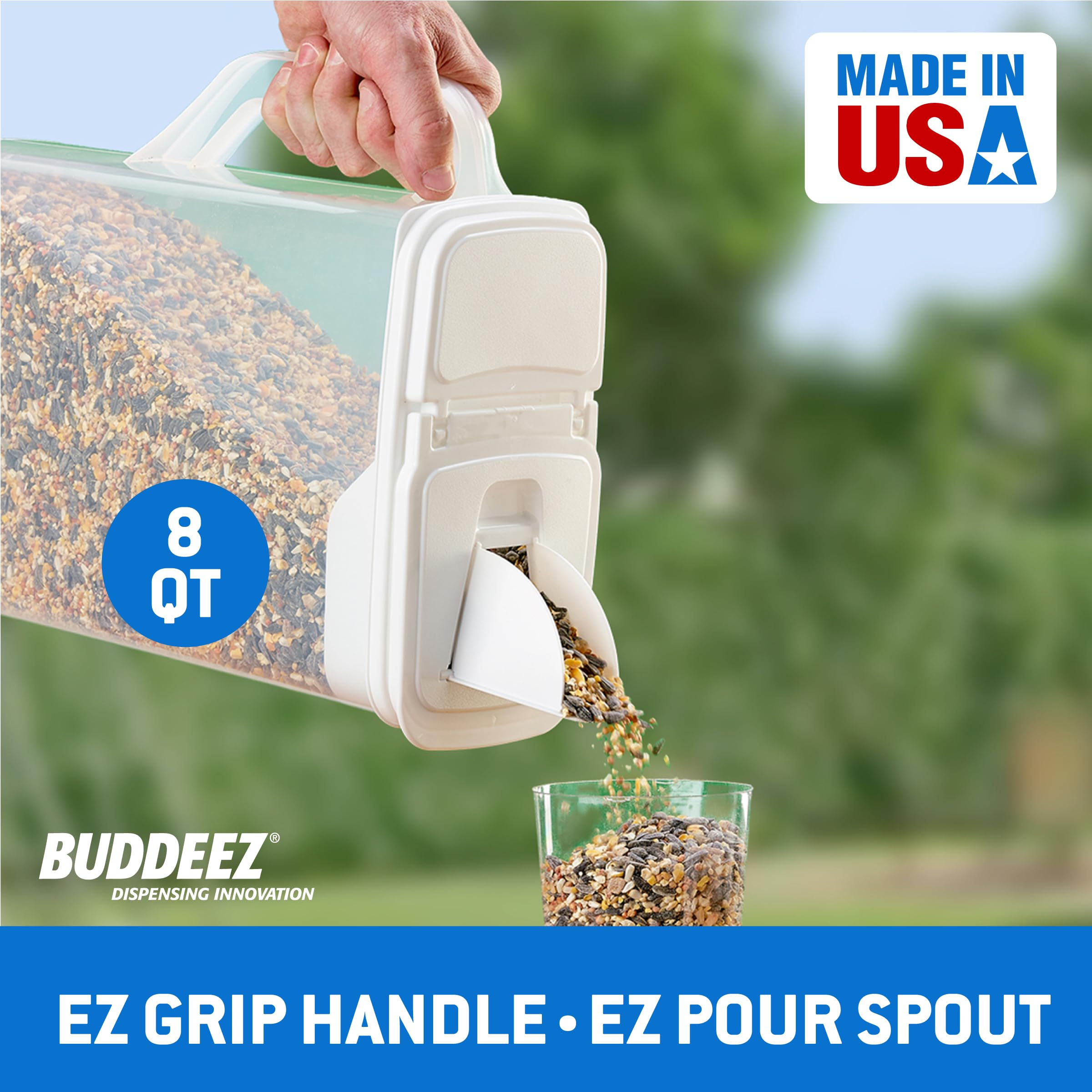 Buddeez BPA-Free Pet Food Storage Containers - 2-Pack Bird Seed Dispenser with Airtight Lids & Easy-Pour Spouts (8 Qt + 3.5 Qt) for Small & Large Bird Feed - Perfect for Pet Food Organization & Bird Feeding Stations