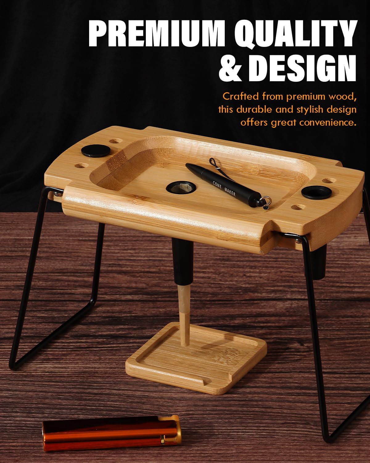 Foldable Wooden Rolling Tray Set with Cone Loader - Travel Smoking Kit for On-The-Go Use