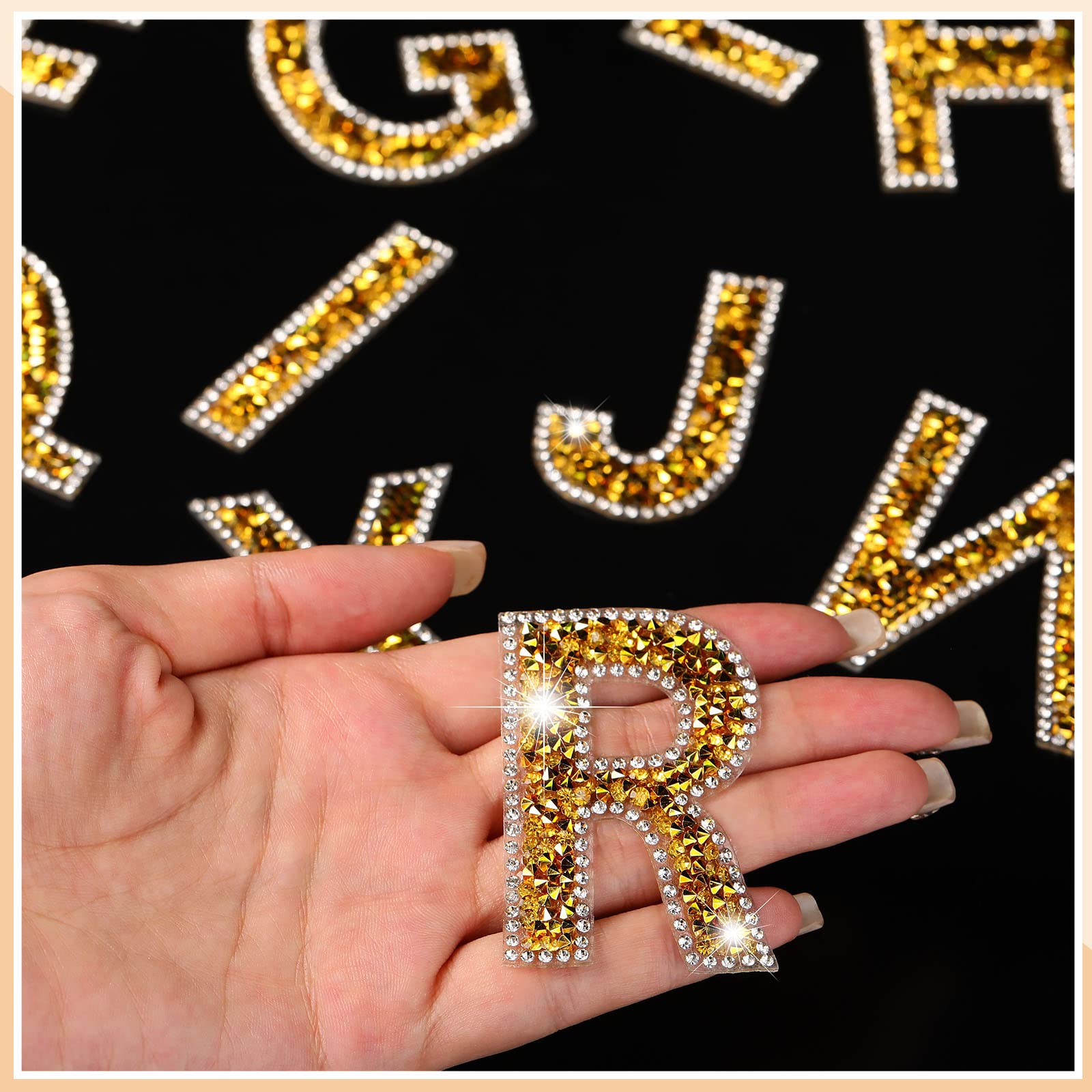 Glitter Resin Rhinestone Alphabet Letter Stickers - Self-Adhesive A-Z Iron On Letters for DIY Crafts, Clothing, Scrapbooking (Gold, 52 Pieces) | Perfect for Custom T-Shirts, Hats, Bags & Home Decor Projects