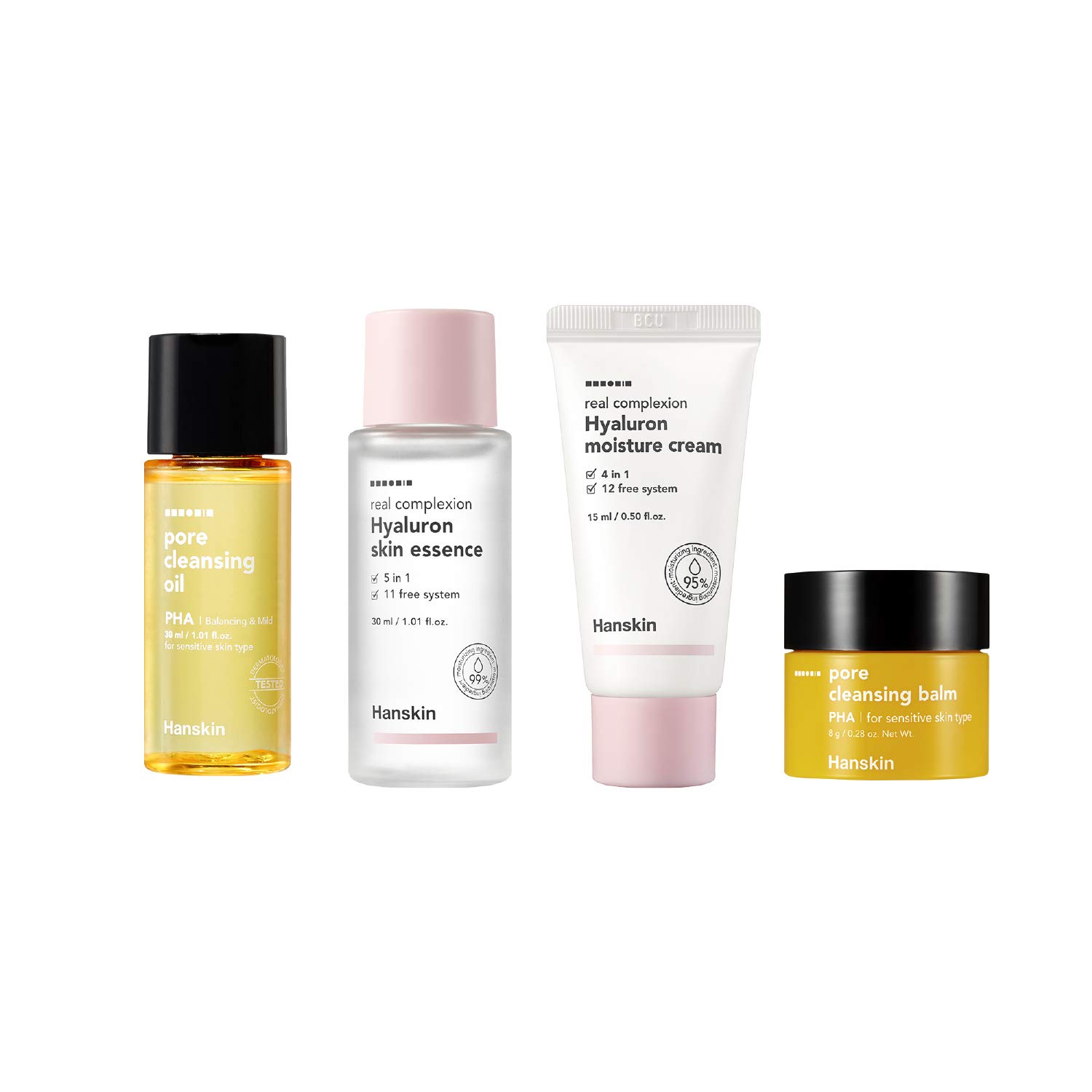 Hanskin Glass Skin On The Go Kit - 4 Piece Hydrating Skincare Set with Cleanser, Essence Toner & Moisturizer | Korean Beauty for Glowing Skin | Travel-Friendly Moisturizing Routine for Dry & Dull Skin