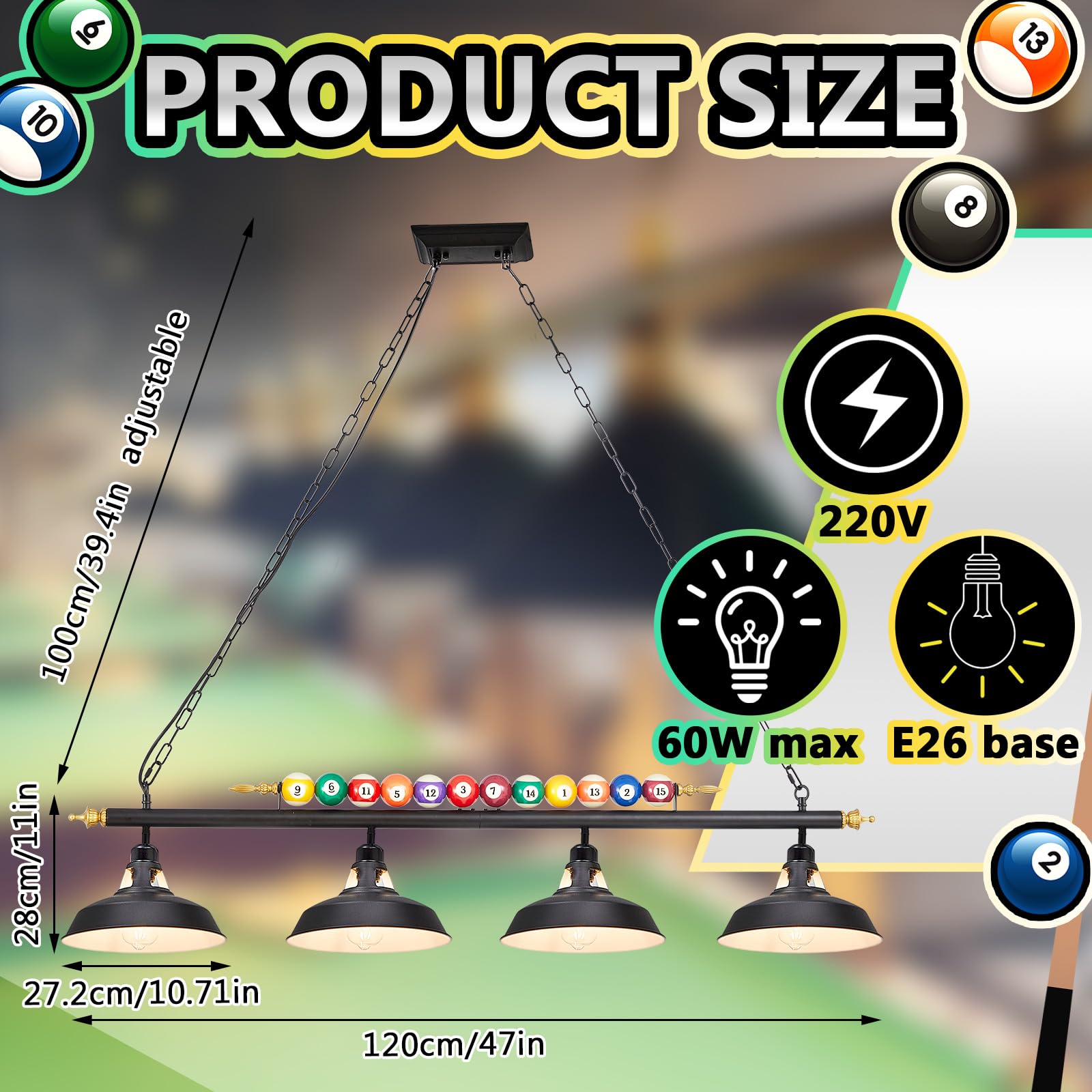 Adjustable Pool Table Lights for 7'-8' Billiard Tables - Hanging LED Pendant Lamp with Metal Shades for Game Rooms & Man Caves (Bulb Not Included, 4-Light Fixture) - Perfect for Home Bars, Basements, and Entertainment Spaces