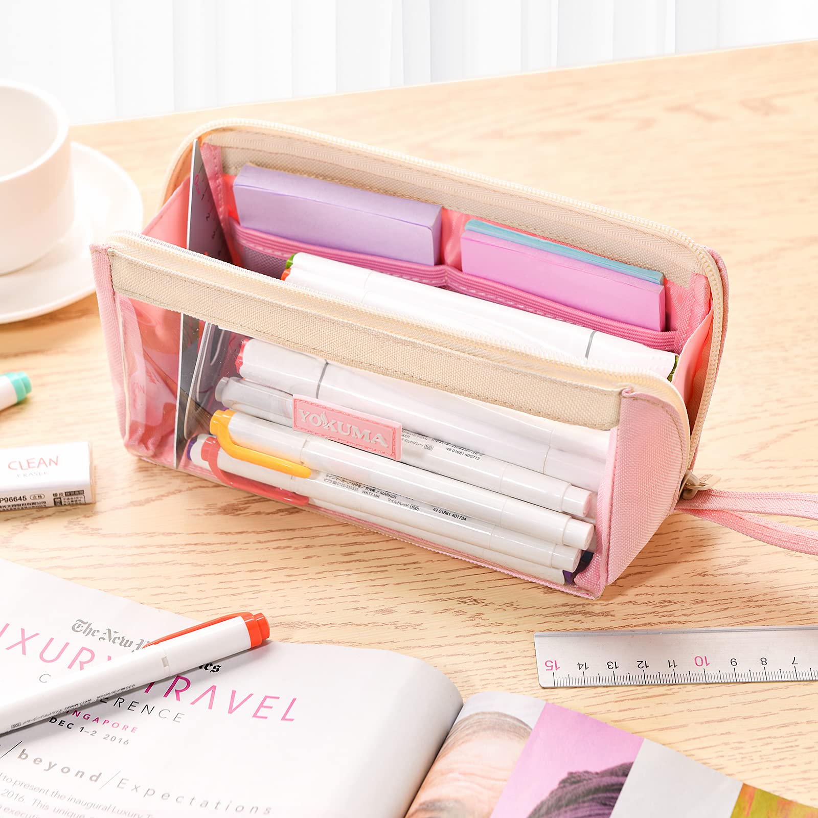 YOKUMA Clear Aesthetic Pencil Case for Girls - Cute Kawaii Pen Organizer with Large Capacity for School, College & Office - Perfect for Teens, Students & Adults - Small Makeup Bag & Back to School Supplies (Pink) | Great for Organizing Stationery, Cosmetics & Daily Essentials