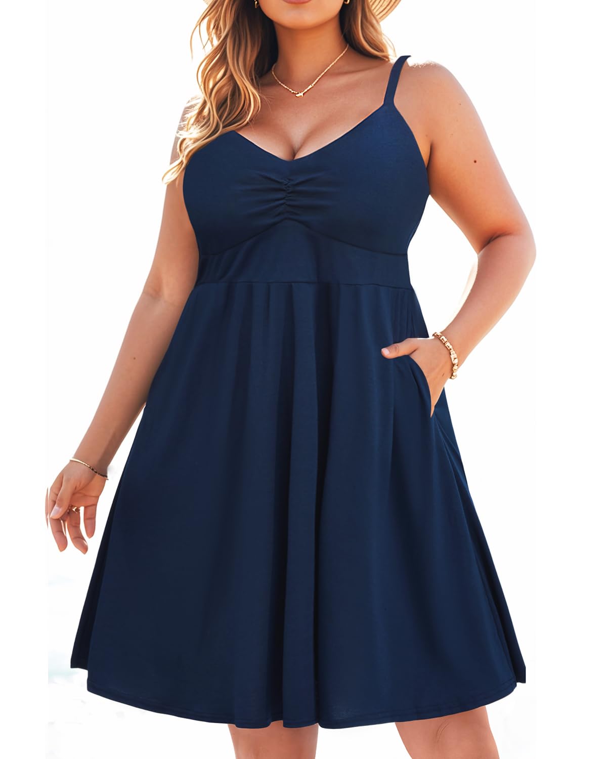 Plus Size Women's Pinup Sundress - Casual Summer Spaghetti Strap A-Line Beach Dress with Pockets | Perfect for Vacation, Pool Party & Boho Outfit