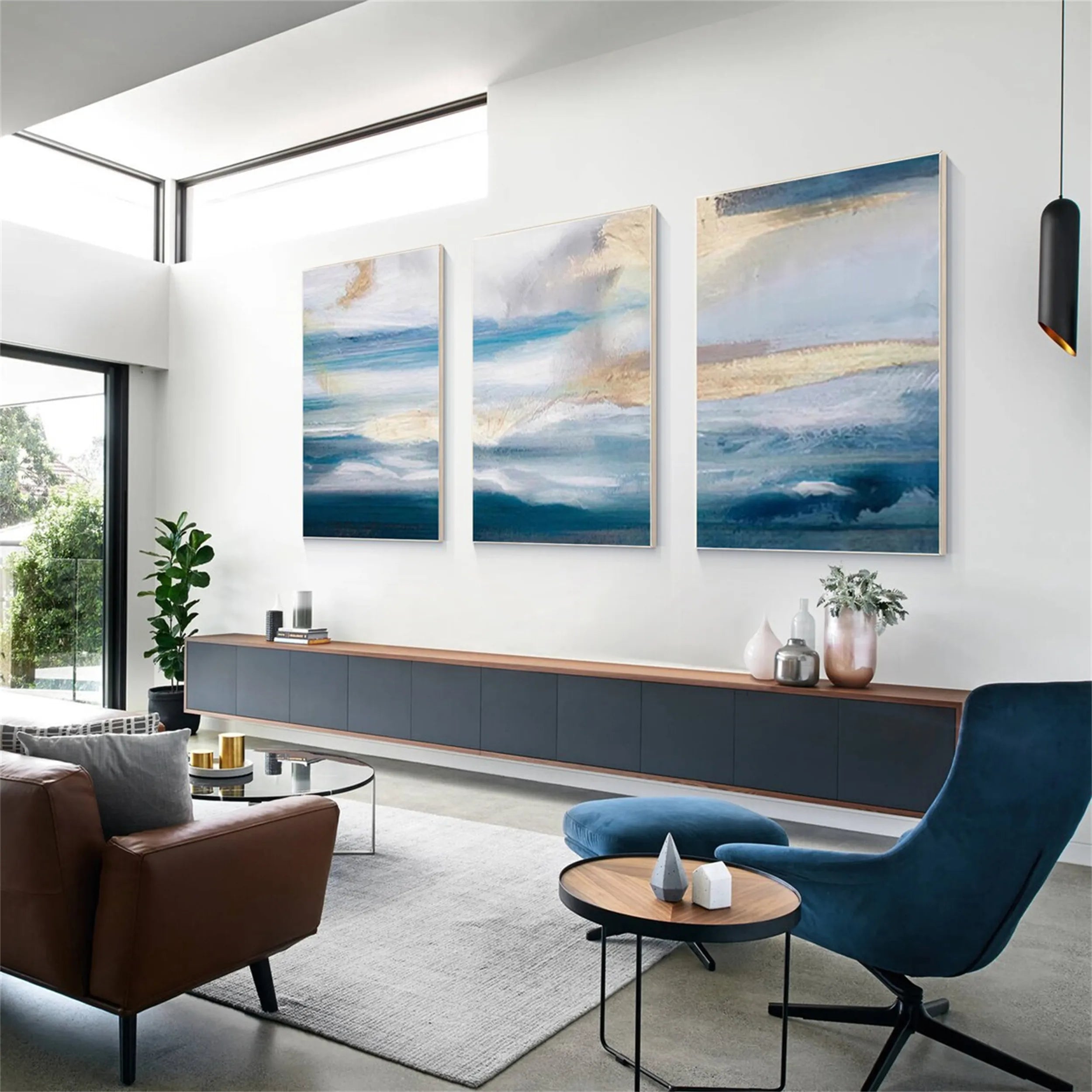 Ocean and Sky Wall Art Set of 3 - Coastal Beach Decor Paintings for Living Room, Bedroom & Office | Modern Seascape Canvas Prints (OS 152)
