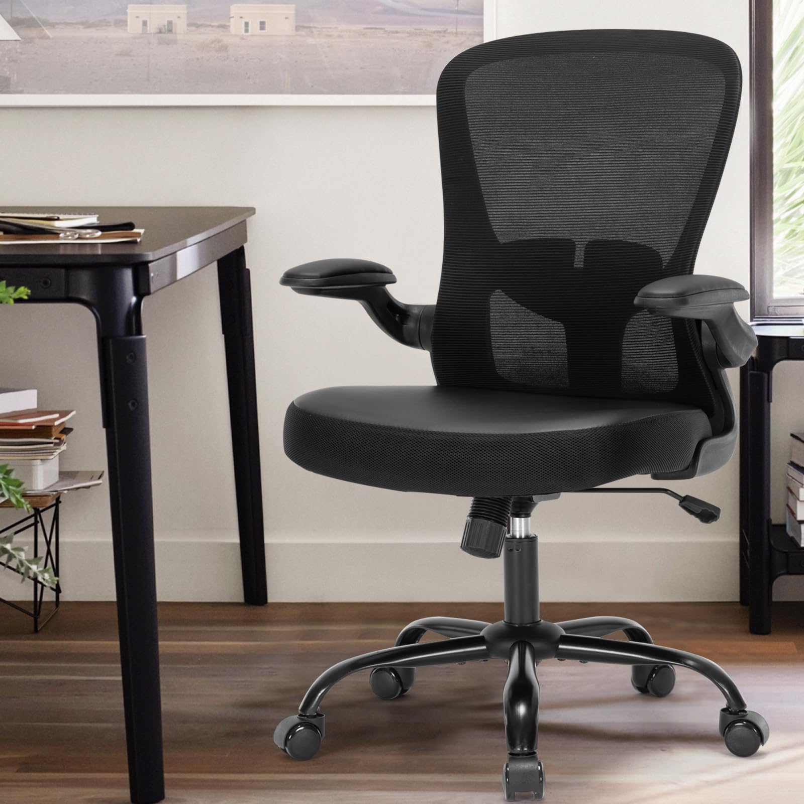 Ergonomic Office Chair with Flip-Up Armrests & Lumbar Support - PU Leather Executive Desk Chair, Mesh Back Swivel Task Chair for Home Office - Black (Perfect for Long Work Hours & Gaming)