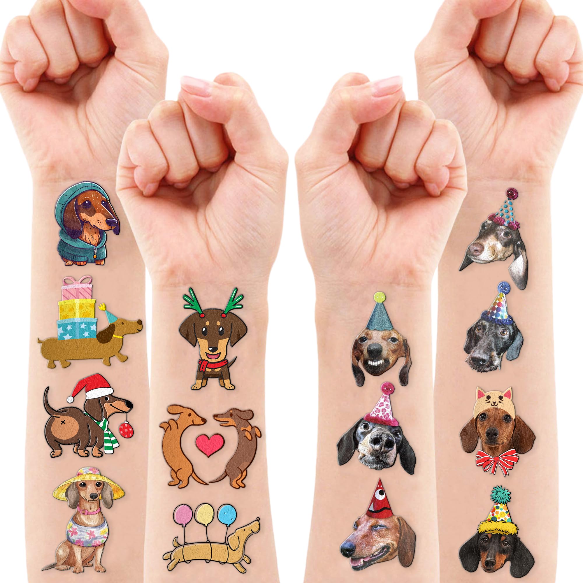 96 PCS Dachshund Dog Tattoos & Stickers - Funny Wiener Dog Party Supplies for Kids Birthday, Baby Shower, Pet Lover Gifts - Waterproof Temporary Tattoos & Decorative Stickers for Scrapbooking, DIY Crafts