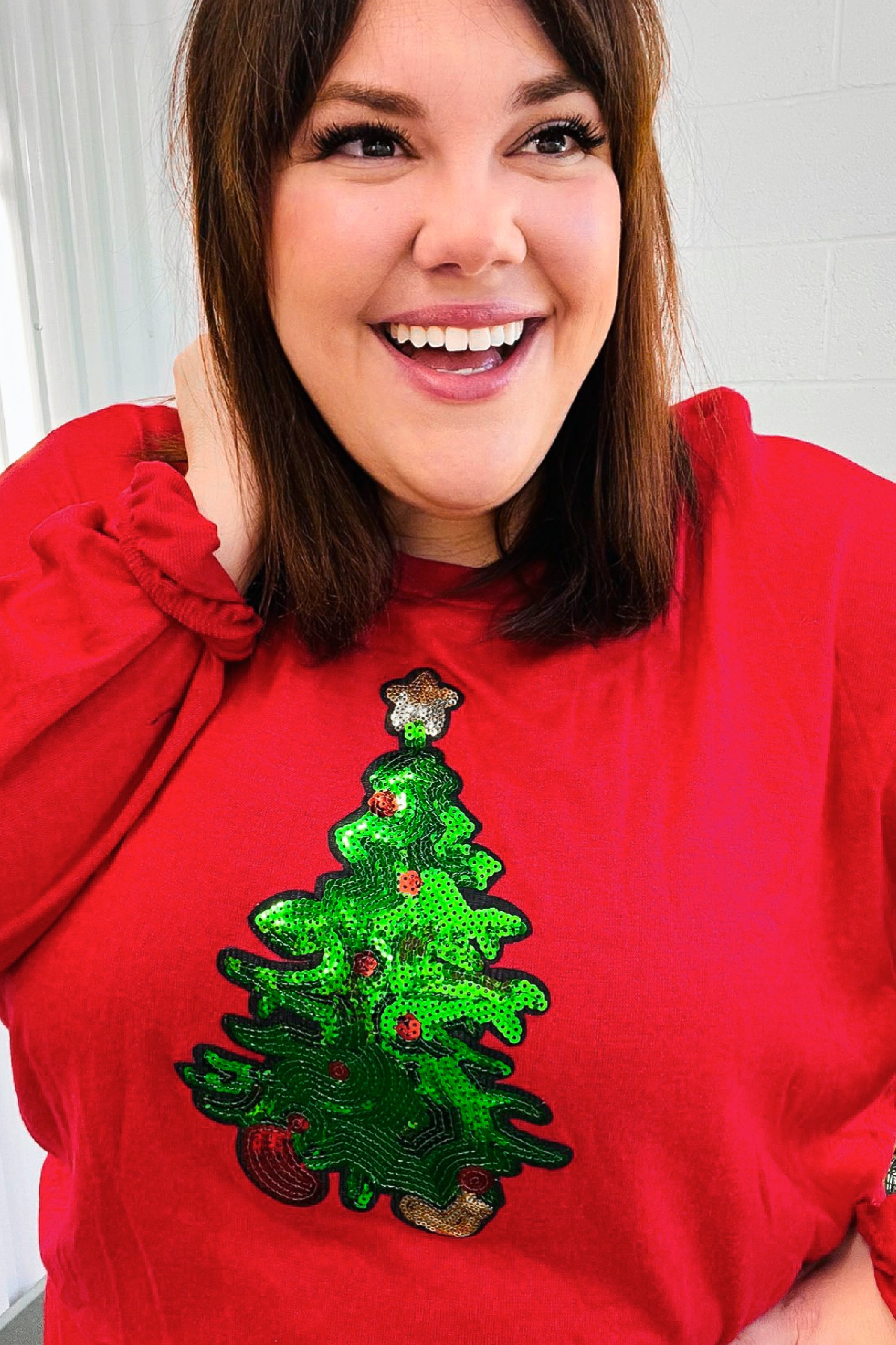 More The Merrier Red Sequin Christmas Tree Hacci Top - Festive Holiday Party Blouse for Christmas Celebrations, Family Gatherings & New Year's Eve
