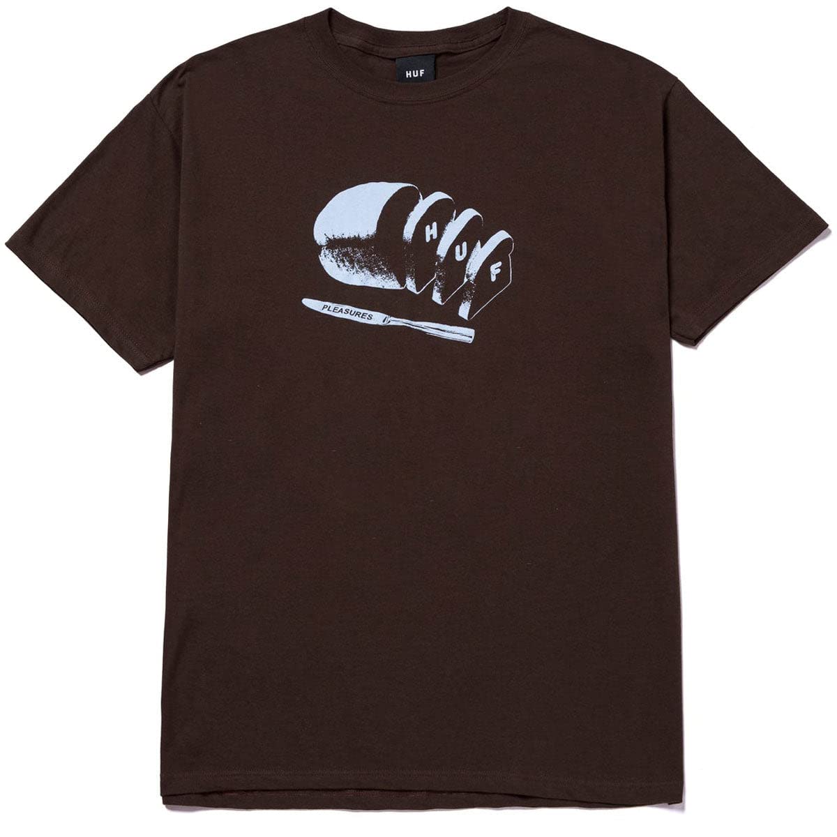 HUF x Pleasures Breaking Bread Graphic T-Shirt - Chocolate Brown Cotton Tee for Streetwear & Casual Outfits