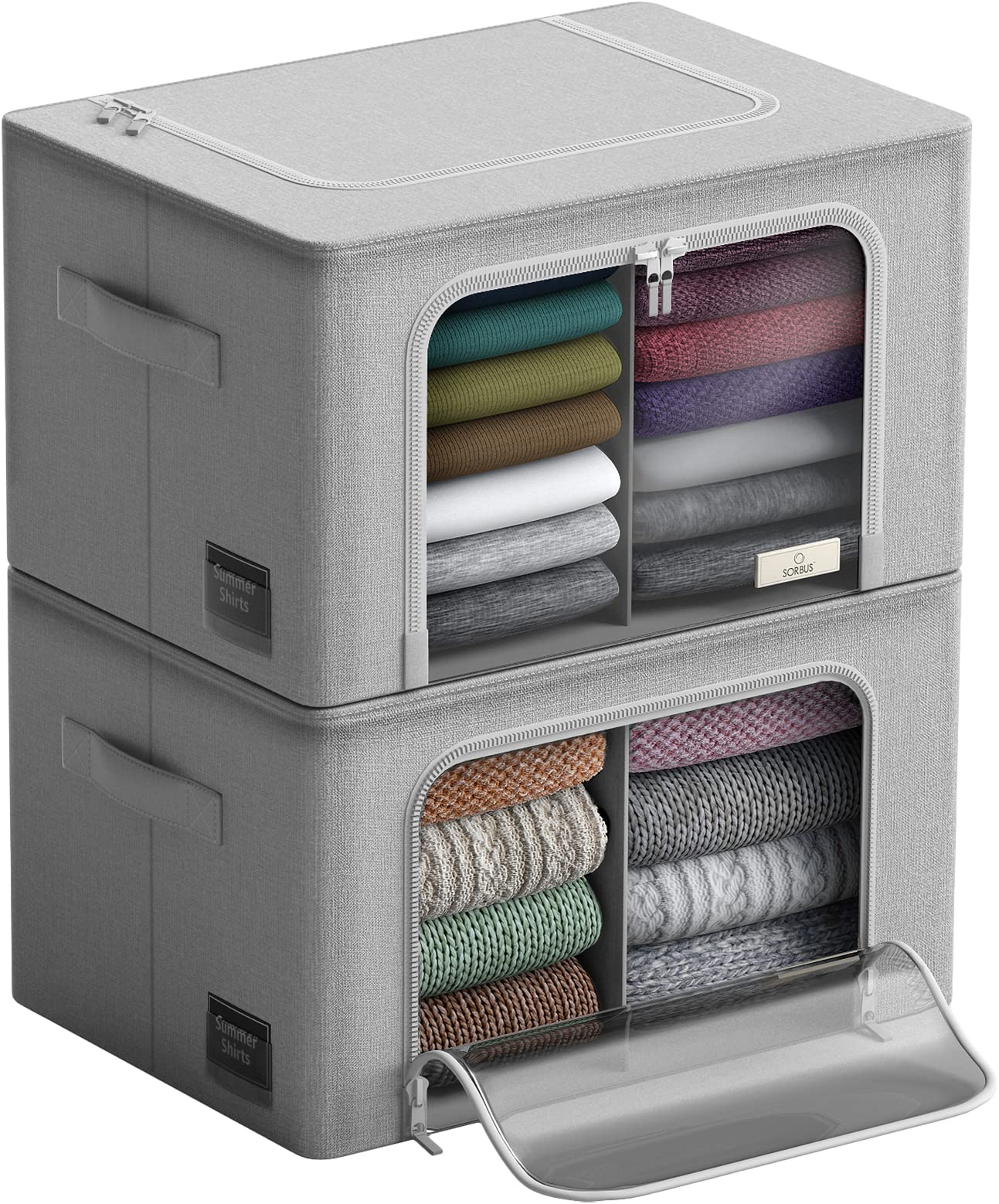 Sorbus Storage Bins with Divided Compartments - Large Stackable Foldable Organizer Bins with Metal Frame, Durable Oxford Fabric, Clear Window & Carry Handles - Perfect for Bedroom, Closet, Linen & Clothing Storage - Ideal for Home Organization, Seasonal Clothes & Kids' Room