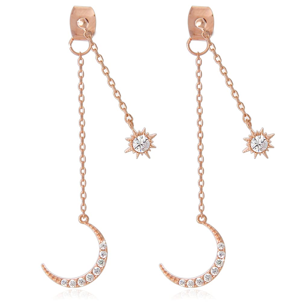 CZ Crescent Moon and Star Chain Drop Earrings Ear Jackets - Perfect for Evening Parties and Date Nights