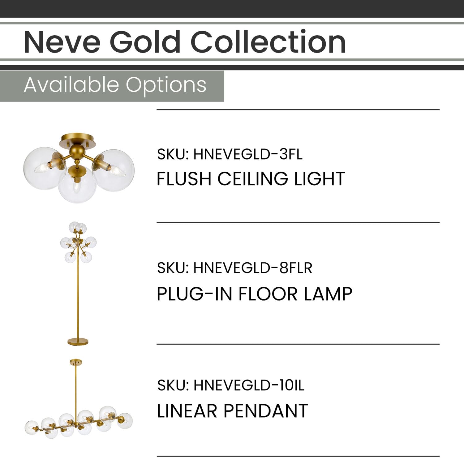 Hanover Neve Gold Metal Floor Lamp with 8 Clear Glass Globes - Modern Standing Pole Light for Living Room, Bedroom, Office & Nursery | Plug-in Lighting Fixture | Perfect for Reading Nook, Home Decor & Ambient Lighting
