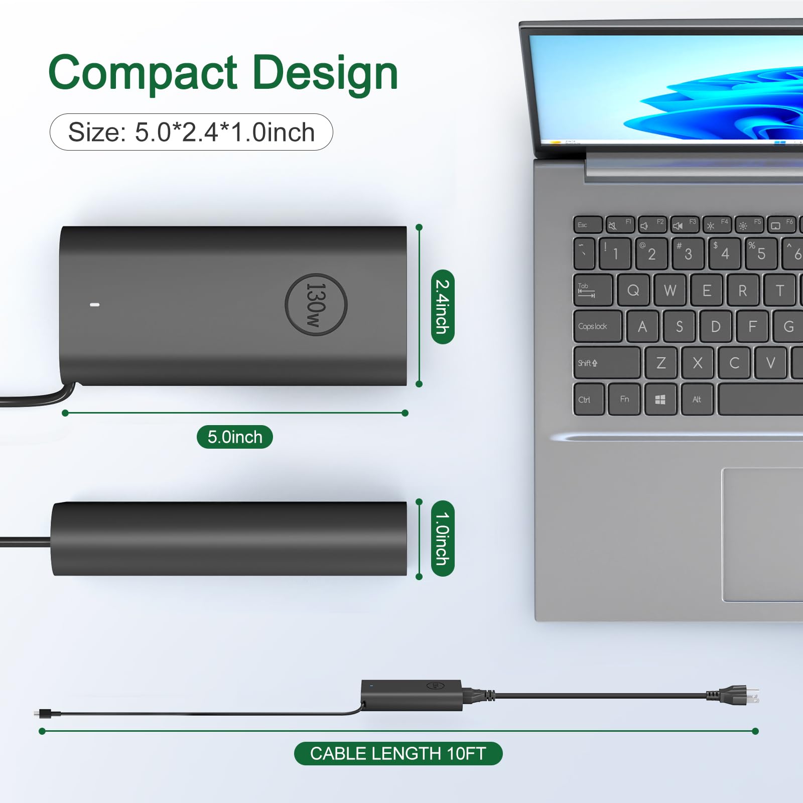 Original Slim DELL 130W USB-C Laptop Charger - Fast Charging GAN Adapter for Dell XPS 15 2-in-1 (9575, 9500, 9520, 9530), XPS 17 9700, Precision 5530/5550, Latitude 7410/7310 - Perfect for Home, Office & Travel Power Supply