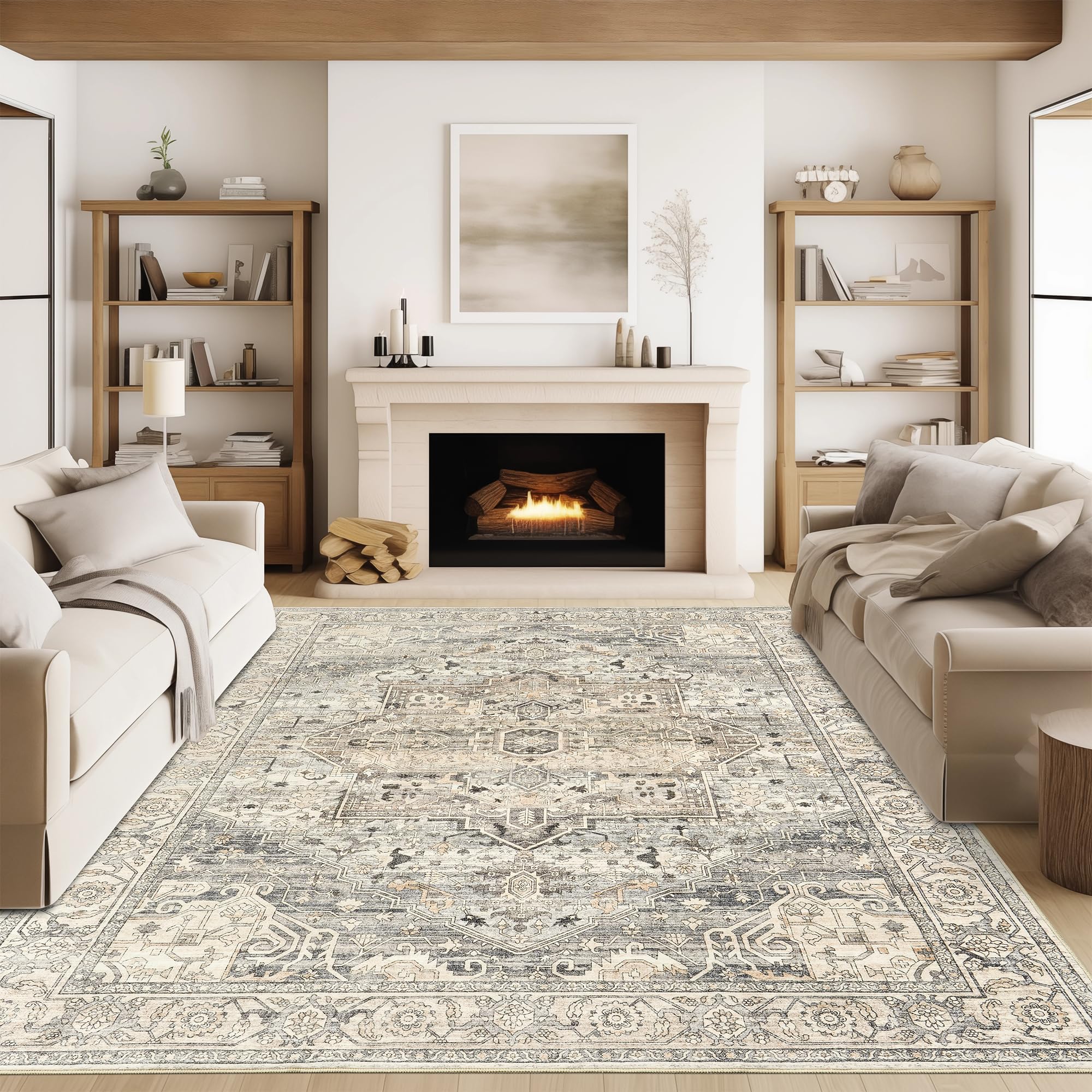 Rugland 8x10 Area Rugs - Stain Resistant Washable Vintage Tribal Rug with Anti-Slip Backing for Living Room, Bedroom & Office (TPR13-Grey, 8'x10') - Perfect for Home Decor, Family Gatherings and Pet-Friendly Spaces