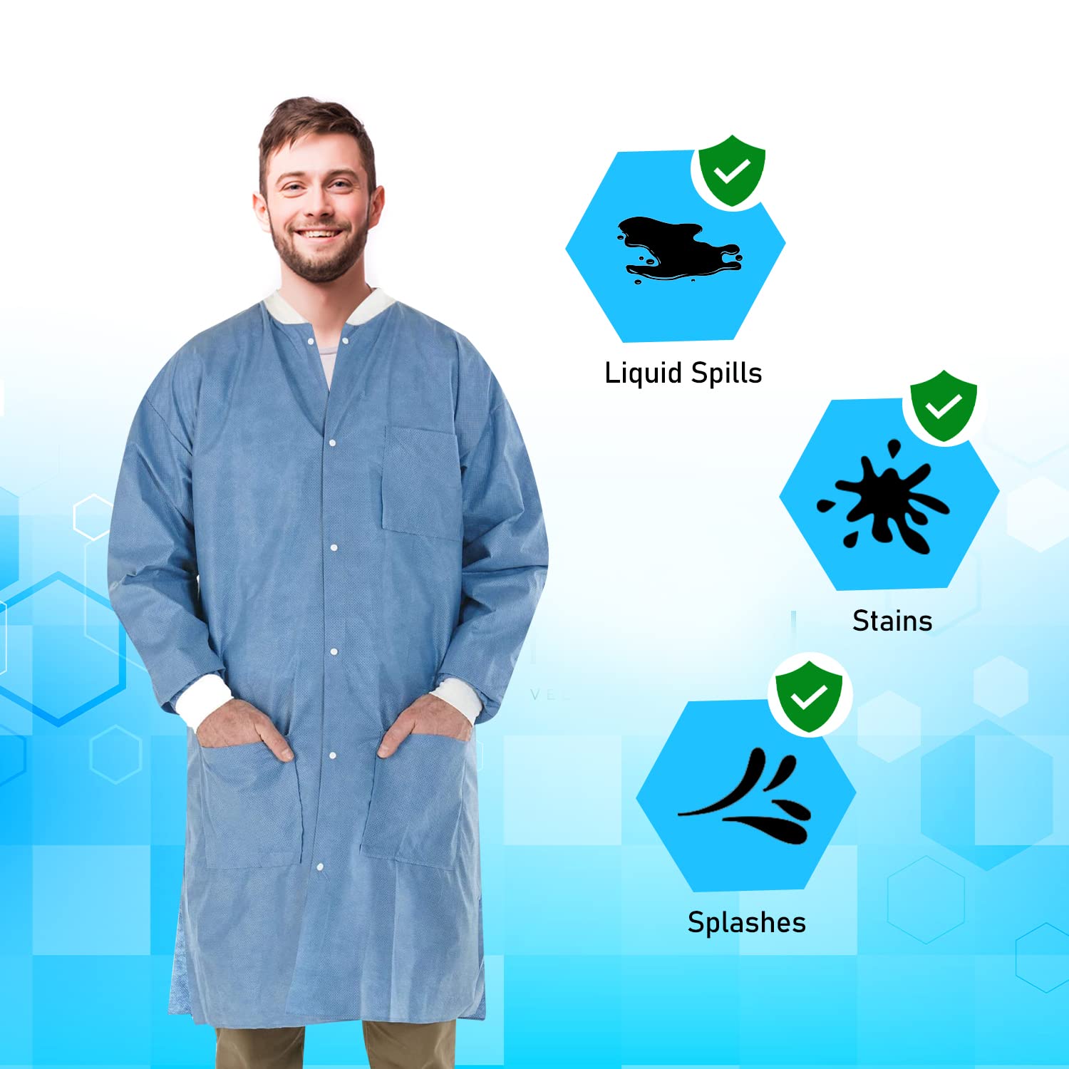 EOM Disposable Lab Coats for Men & Women - Knee-Length Medical Lab Jackets with Knit Cuffs & Collar - Pack of 50 Medium Size - Perfect for Hospitals, Clinics & Laboratory Use